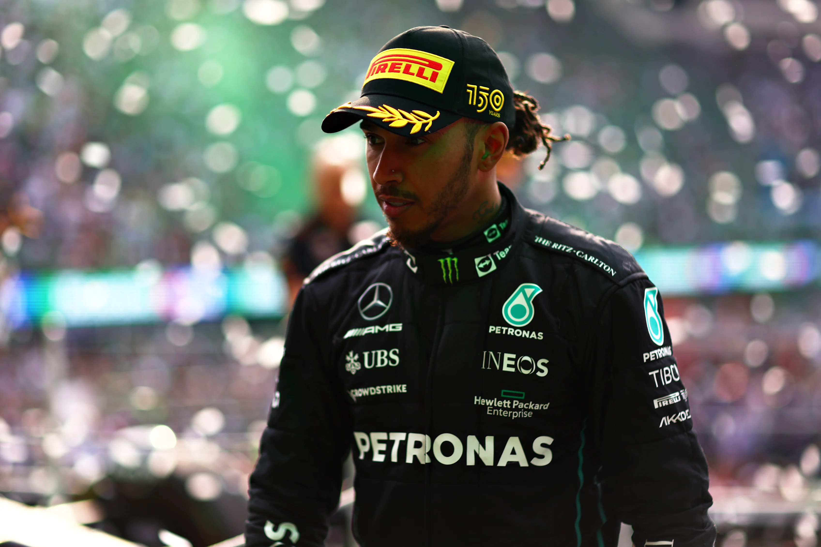 MEXICO CITY, MEXICO - OCTOBER 30: Second placed Lewis Hamilton of Great Britain and Mercedes