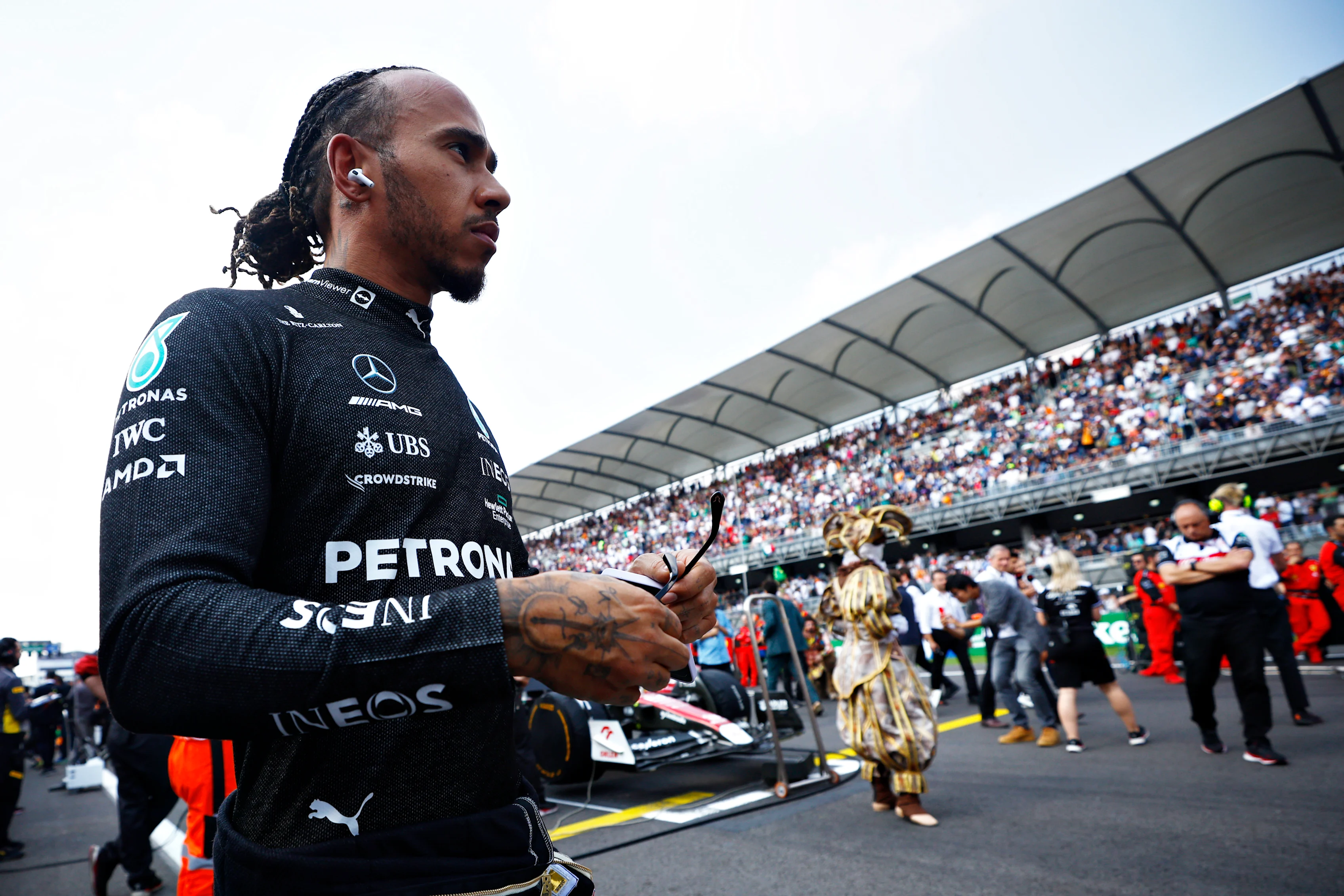 MEXICO CITY, MEXICO - OCTOBER 30: Lewis Hamilton of Great Britain and Mercedes looks on from the