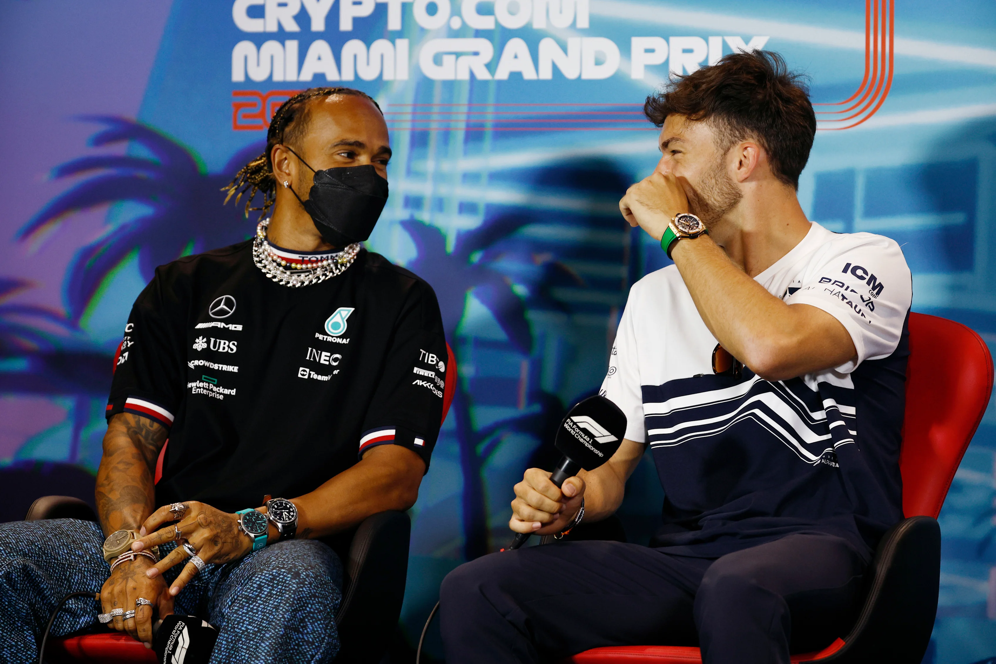 MIAMI, FLORIDA - MAY 06: Lewis Hamilton of Great Britain and Mercedes and Pierre Gasly of France and Scuderia AlphaTauri talk in the Drivers Press Conference prior to practice ahead of the F1 Grand Prix of Miami at the Miami International Autodrome on May 06, 2022 in Miami, Florida. (Photo by Jared C. Tilton/Getty Images)