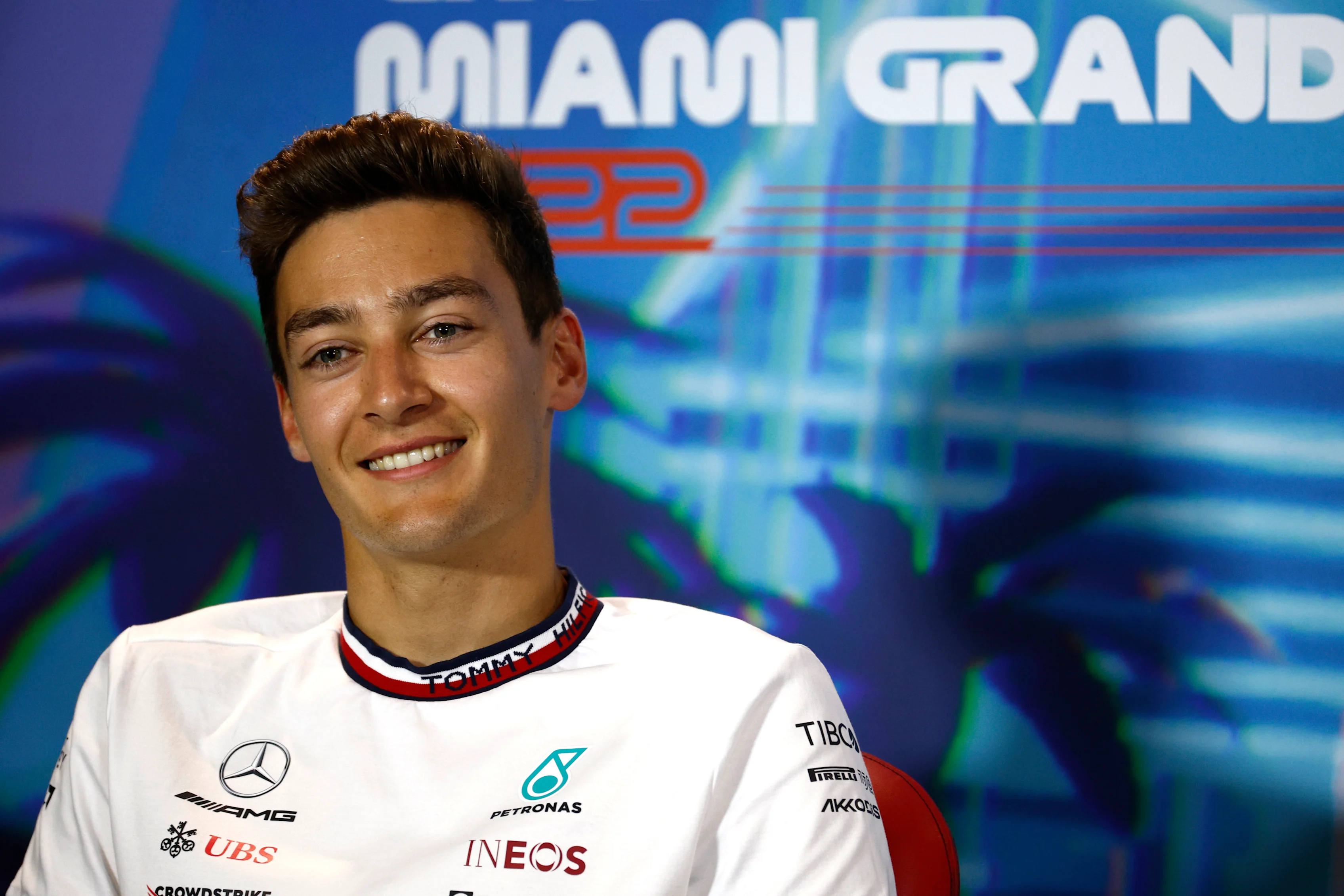 MIAMI, FLORIDA - MAY 06: George Russell of Great Britain and Mercedes talks in the Drivers Press Conference prior to practice ahead of the F1 Grand Prix of Miami at the Miami International Autodrome on May 06, 2022 in Miami, Florida. (Photo by Jared C. Tilton/Getty Images)