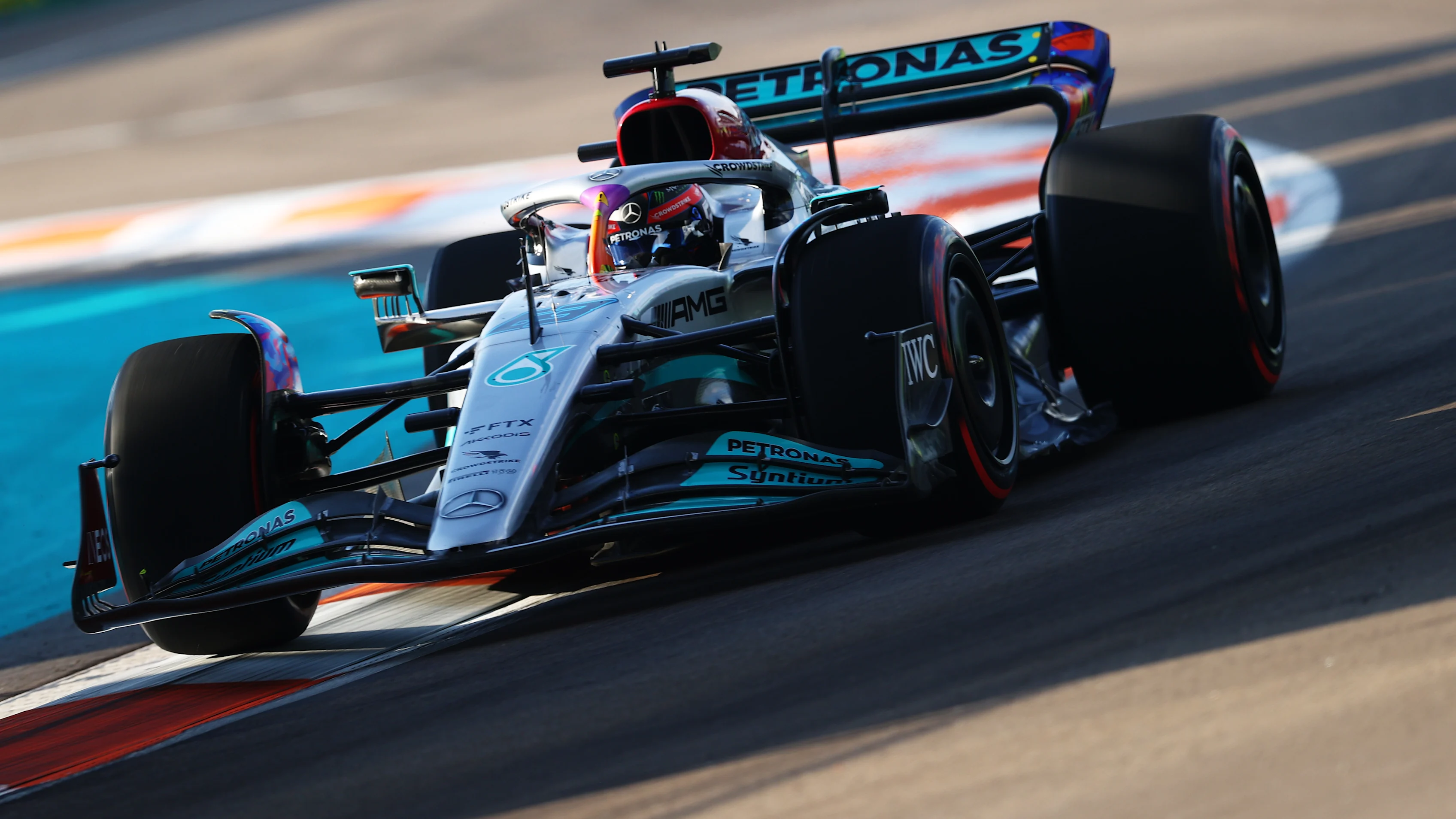 MIAMI, FLORIDA - MAY 06: George Russell of Great Britain driving the (63) Mercedes AMG Petronas F1