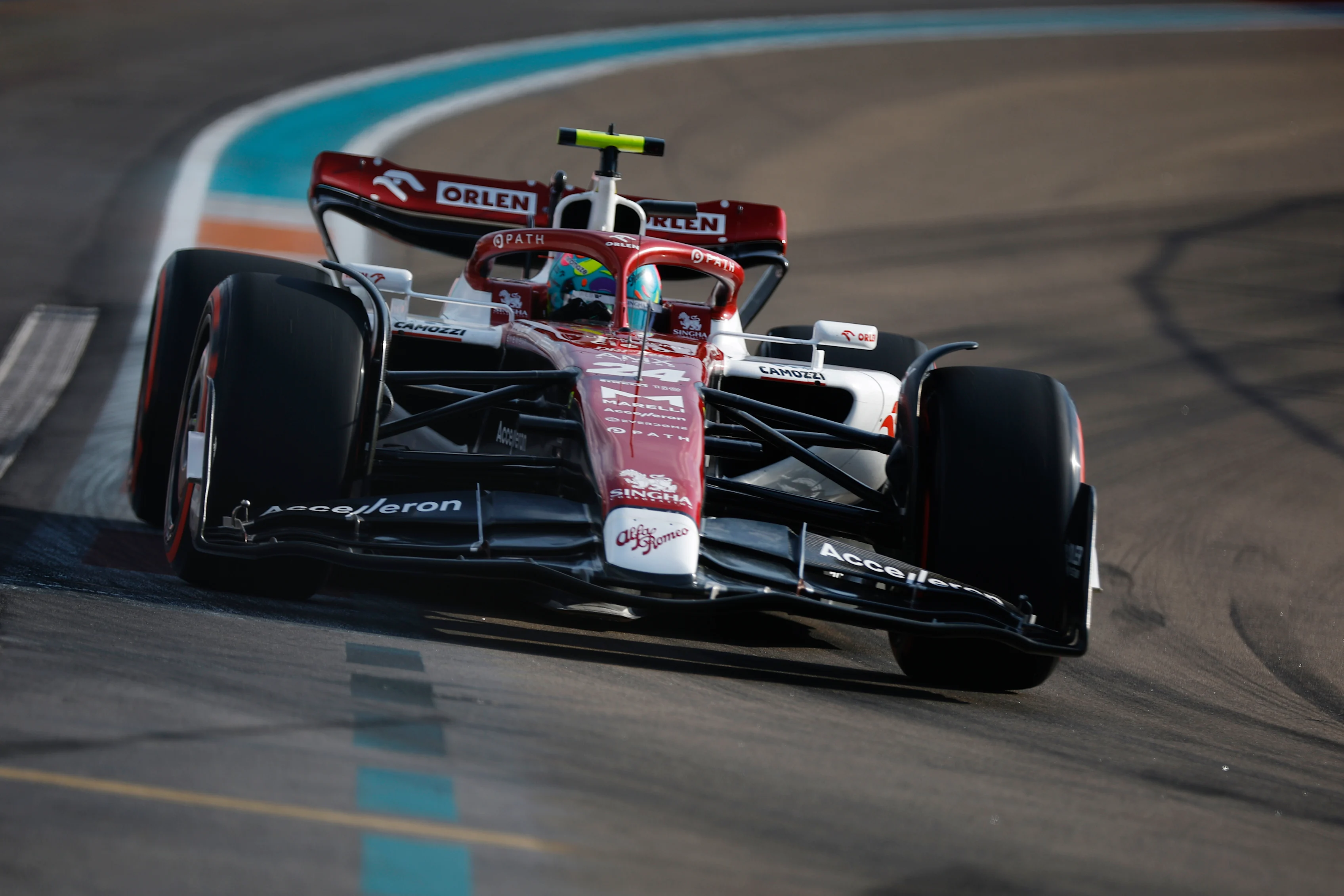 MIAMI, FLORIDA - MAY 06: Zhou Guanyu of China driving the (24) Alfa Romeo F1 C42 Ferrari on track during practice ahead of the F1 Grand Prix of Miami at the Miami International Autodrome on May 06, 2022 in Miami, Florida. (Photo by Chris Graythen/Getty Images)