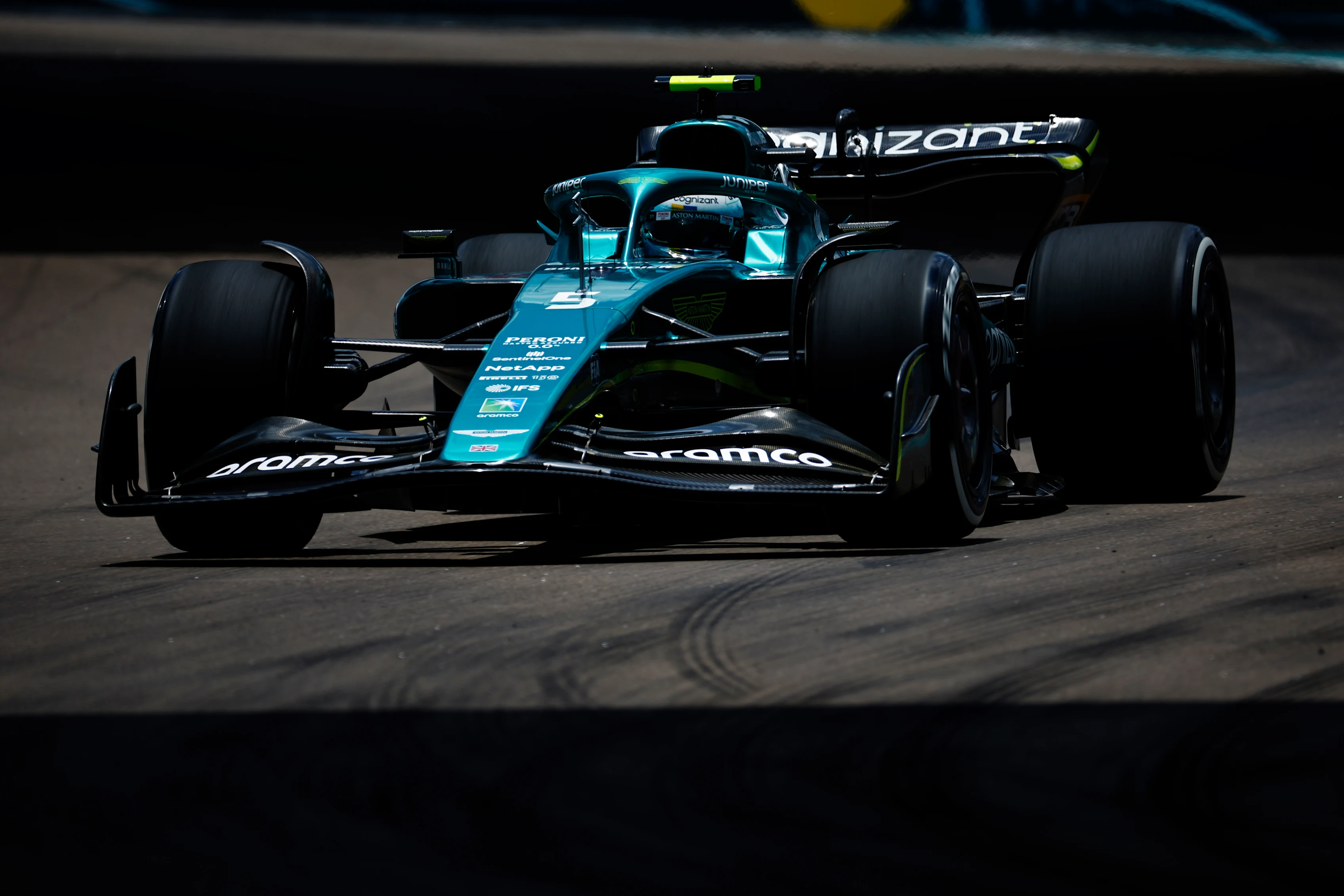 MIAMI, FLORIDA - MAY 07: Sebastian Vettel of Germany driving the (5) Aston Martin AMR22 Mercedes on track during final practice ahead of the F1 Grand Prix of Miami at the Miami International Autodrome on May 07, 2022 in Miami, Florida. (Photo by Jared C. Tilton/Getty Images)