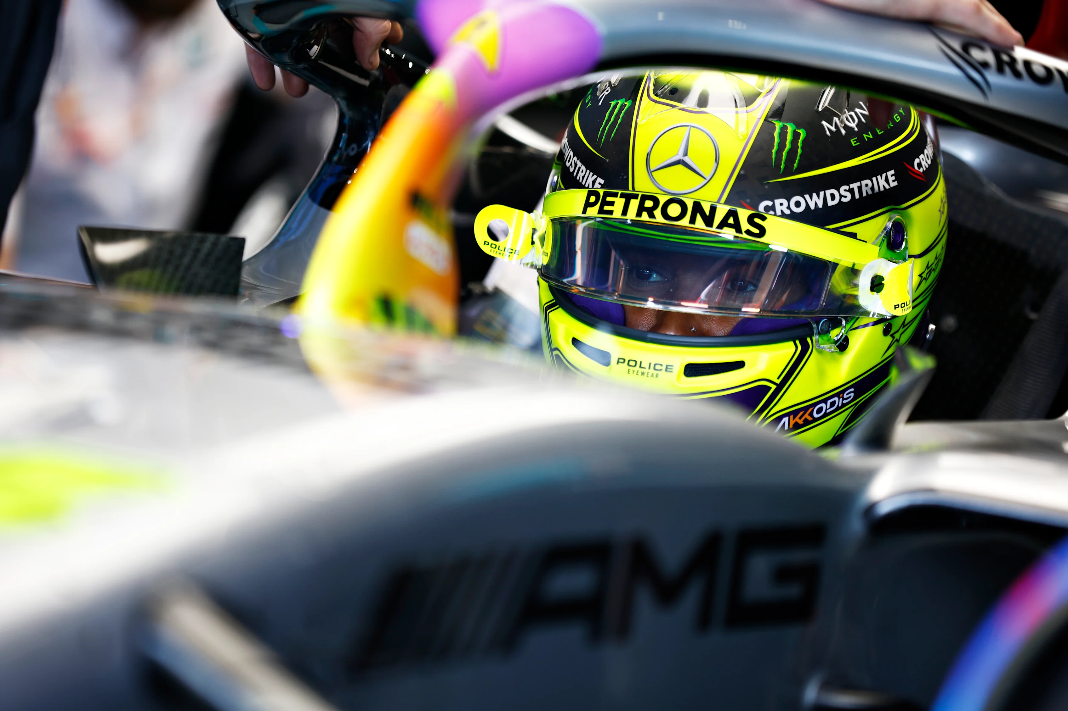 MIAMI, FLORIDA - MAY 08: Lewis Hamilton of Great Britain and Mercedes prepares to drive in the