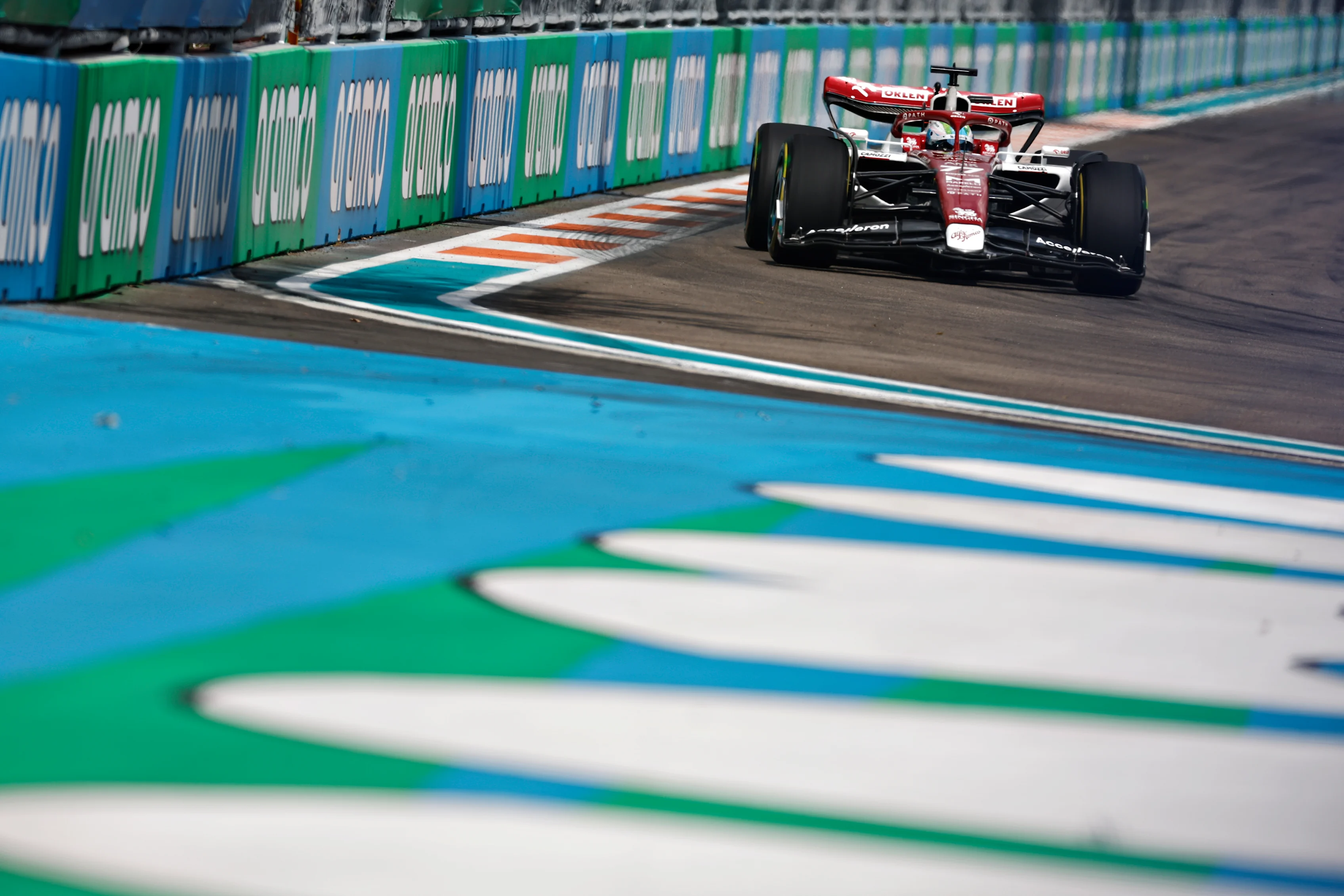 MIAMI, FLORIDA - MAY 08: Valtteri Bottas of Finland driving the (77) Alfa Romeo F1 C42 Ferrari on track during the F1 Grand Prix of Miami at the Miami International Autodrome on May 08, 2022 in Miami, Florida. (Photo by Chris Graythen/Getty Images)