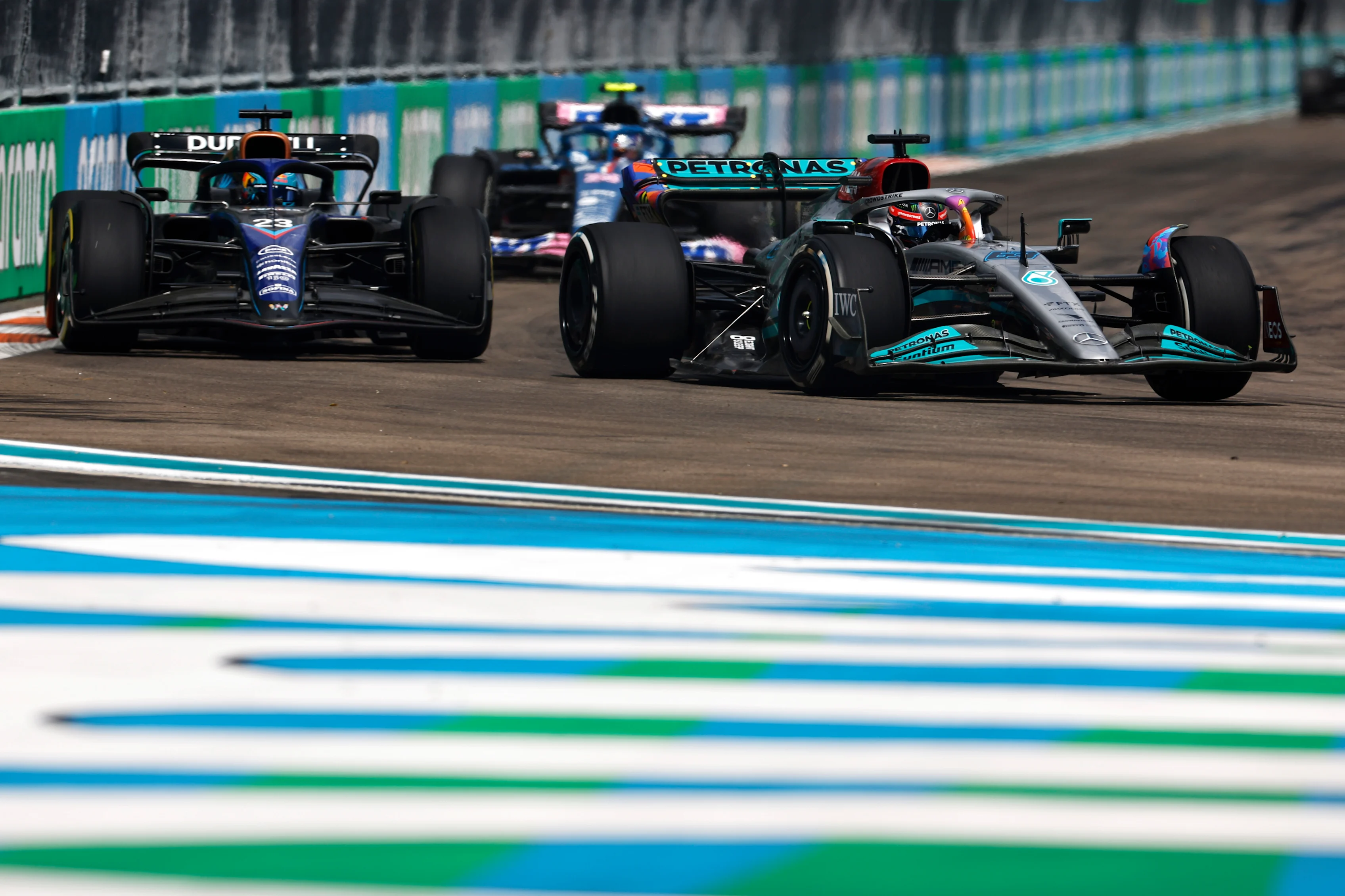 MIAMI, FLORIDA - MAY 08: George Russell of Great Britain driving the (63) Mercedes AMG Petronas F1