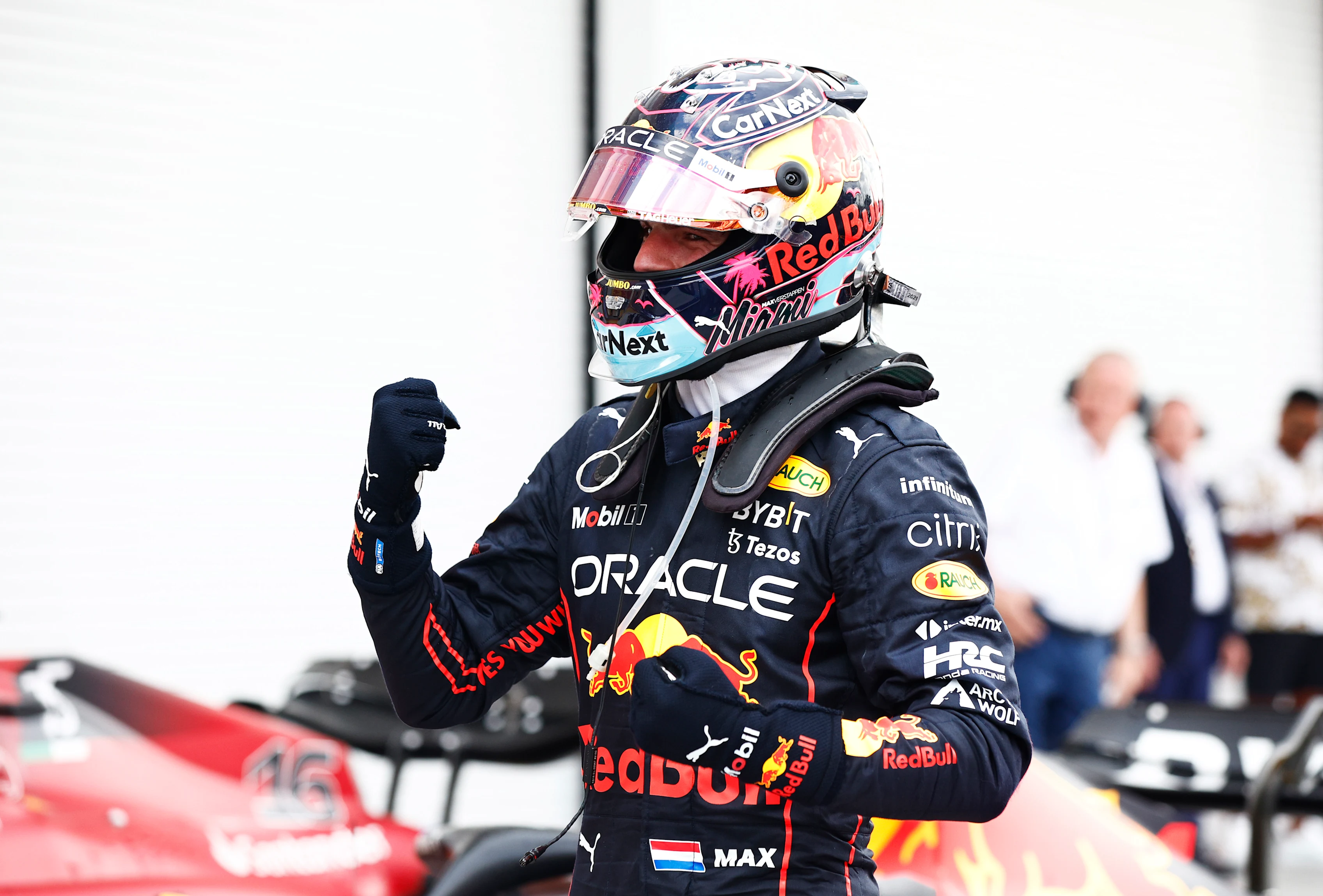 MIAMI, FLORIDA - MAY 08: Race winner Max Verstappen of the Netherlands and Oracle Red Bull Racing