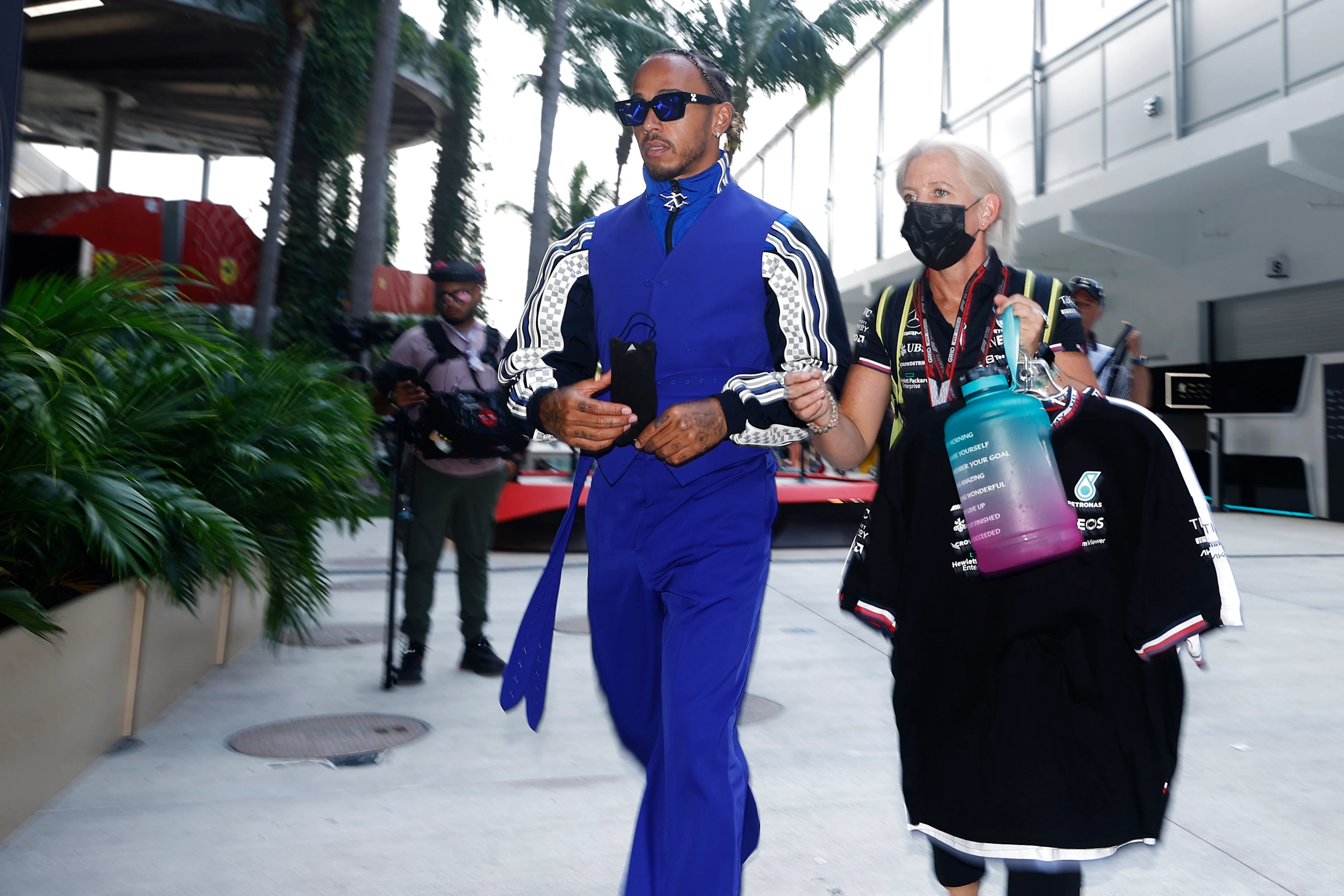 MIAMI, FLORIDA - MAY 05: Lewis Hamilton of Great Britain and Mercedes walks in the Paddock during