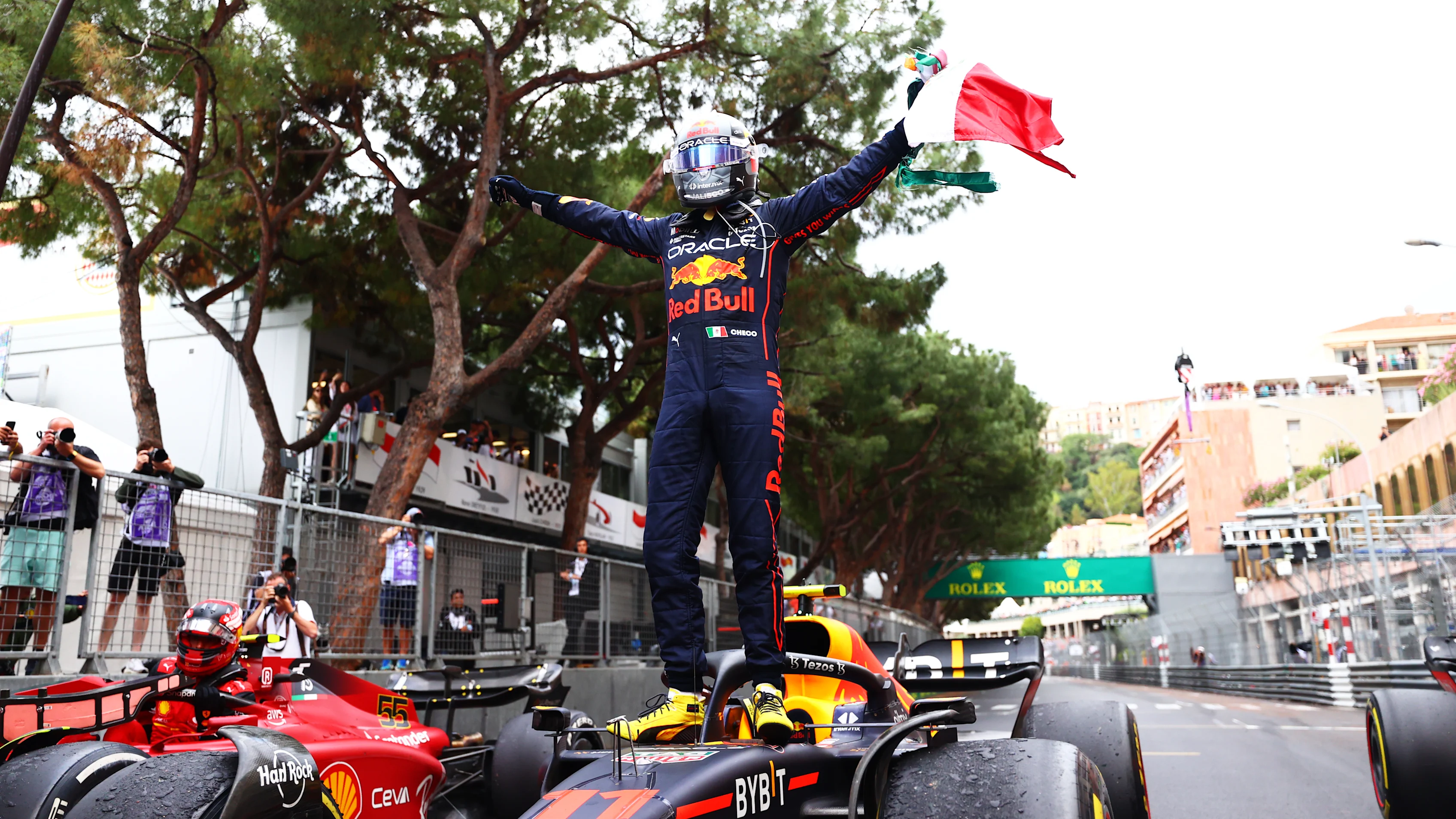 MONTE-CARLO, MONACO - MAY 29: Race winner Sergio Perez of Mexico and Oracle Red Bull Racing