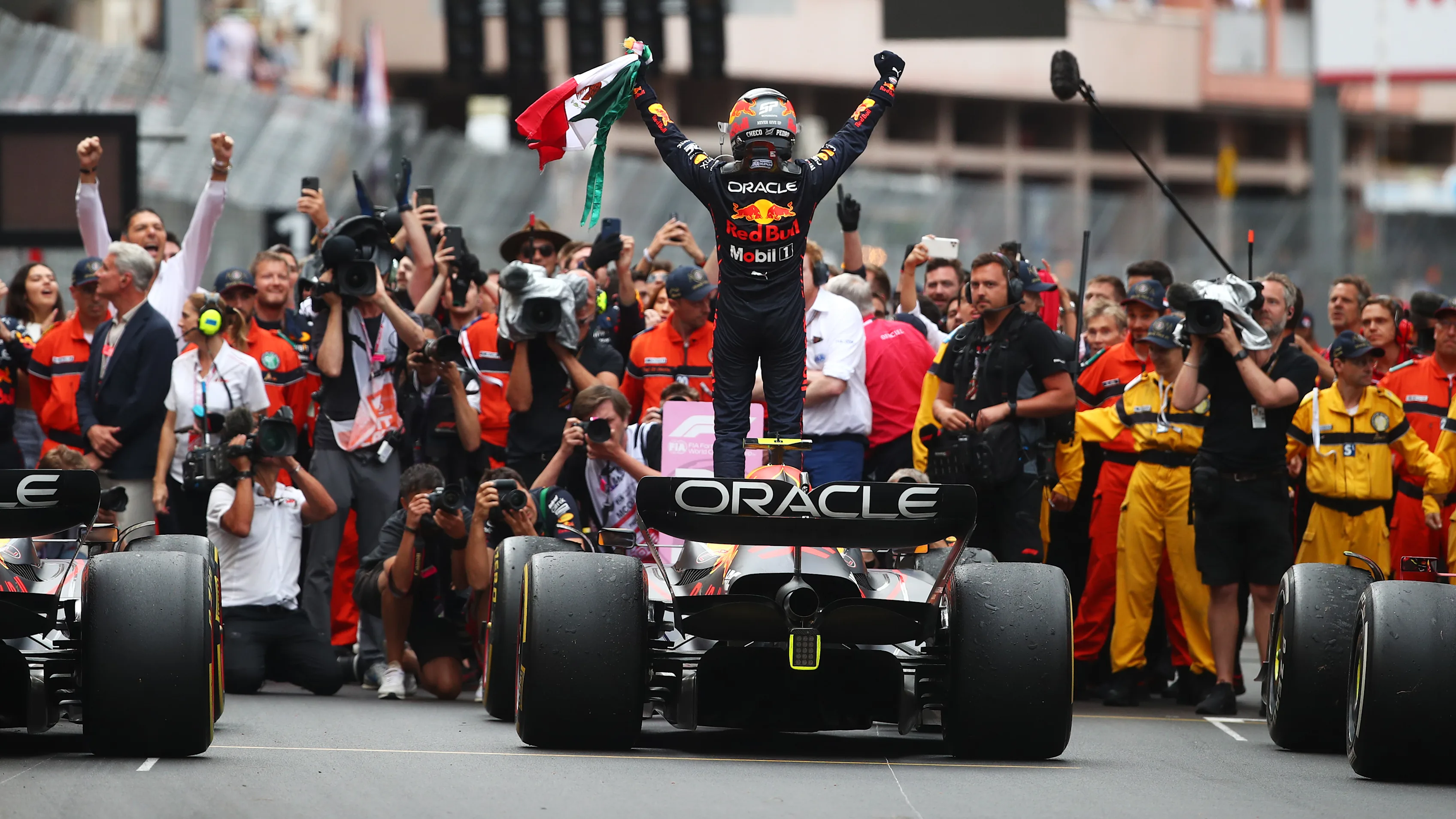 MONTE-CARLO, MONACO - MAY 29: Race winner Sergio Perez of Mexico and Oracle Red Bull Racing celebrates in parc ferme during the F1 Grand Prix of Monaco at Circuit de Monaco on May 29, 2022 in Monte-Carlo, Monaco. (Photo by Joe Portlock - Formula 1/Formula 1 via Getty Images)