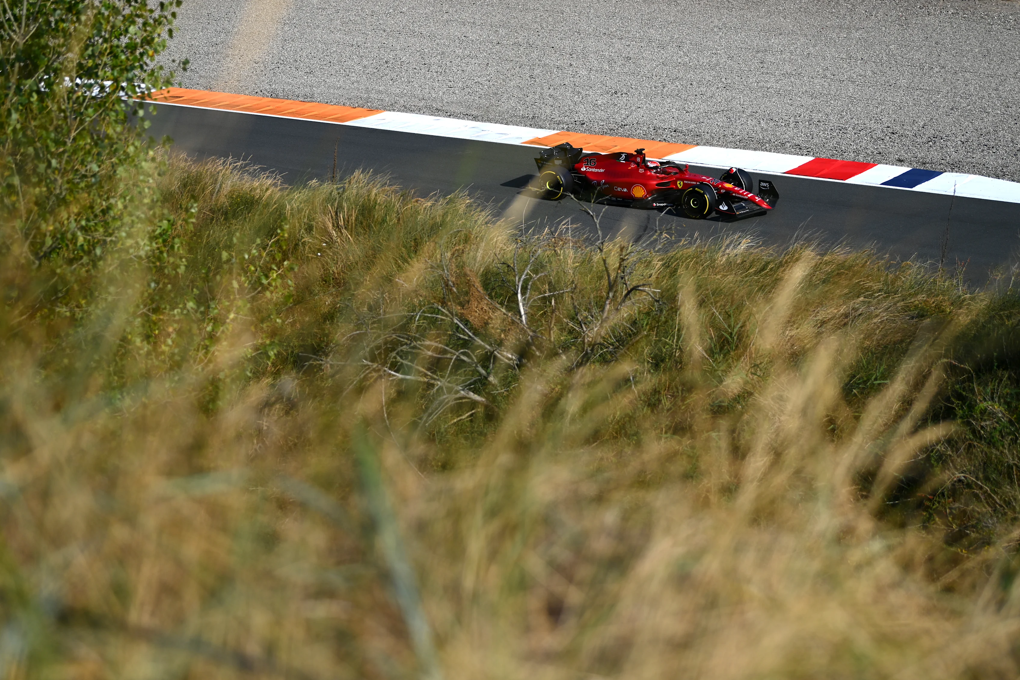 ZANDVOORT, NETHERLANDS - SEPTEMBER 02: Charles Leclerc of Monaco driving the (16) Ferrari F1-75 on track during practice ahead of the F1 Grand Prix of The Netherlands at Circuit Zandvoort on September 02, 2022 in Zandvoort, Netherlands. (Photo by Dan Mullan/Getty Images)