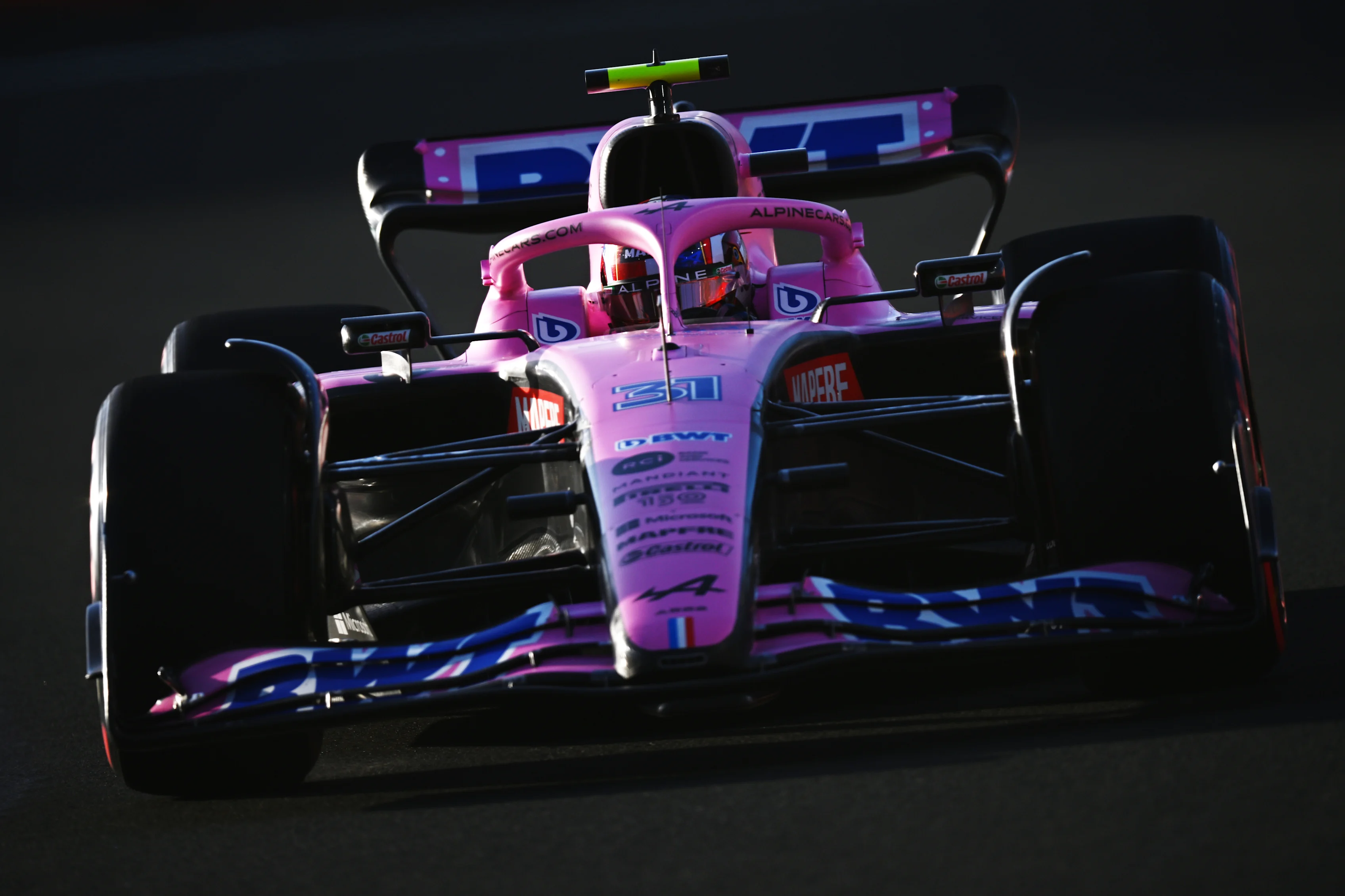 JEDDAH, SAUDI ARABIA - MARCH 25: Esteban Ocon of France driving the (31) Alpine F1 A522 Renault on track during practice ahead of the F1 Grand Prix of Saudi Arabia at the Jeddah Corniche Circuit on March 25, 2022 in Jeddah, Saudi Arabia. (Photo by Clive Mason/Getty Images)