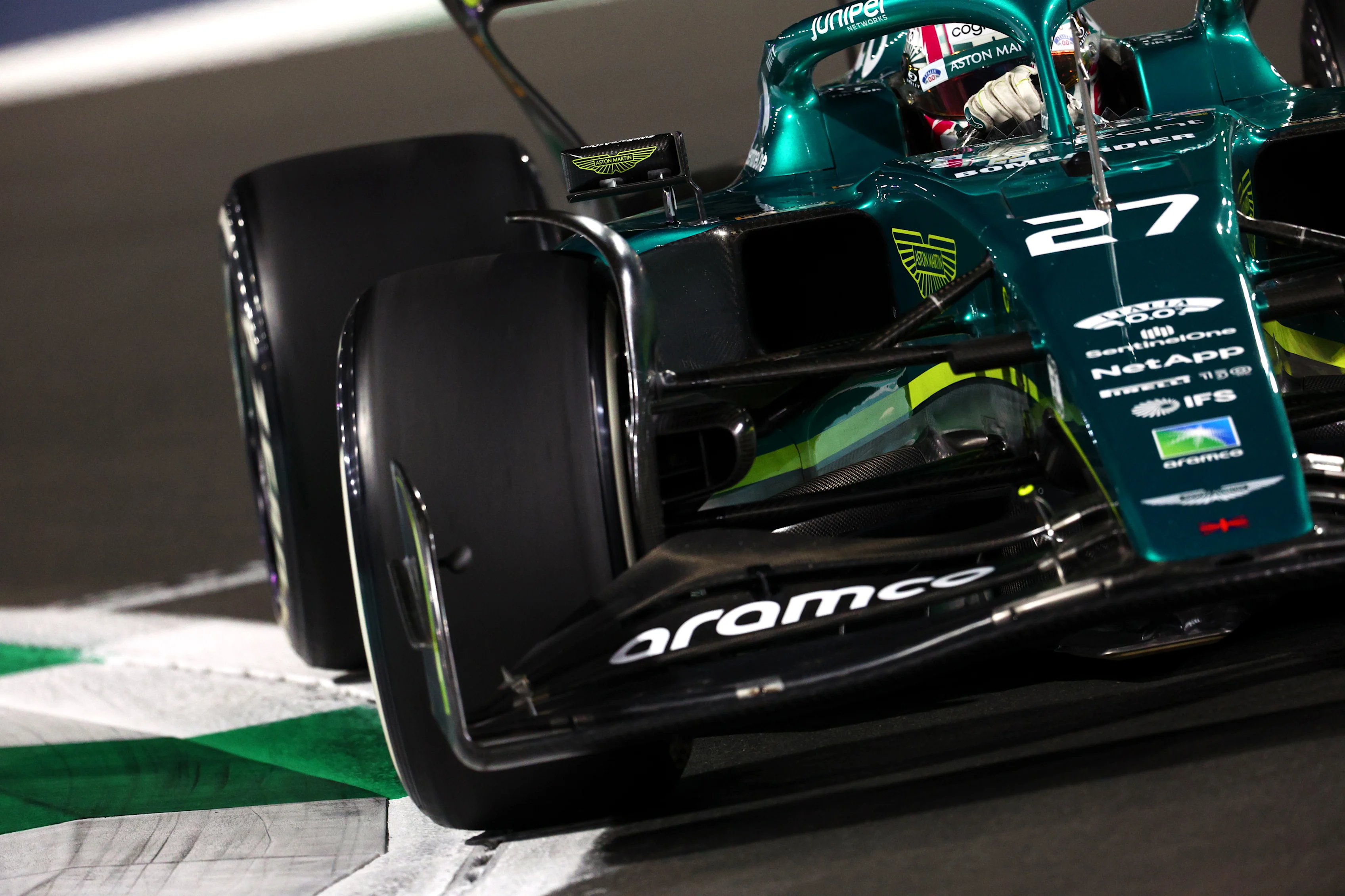 JEDDAH, SAUDI ARABIA - MARCH 25: Nico Hulkenberg of Germany driving the (27) Aston Martin AMR22 Mercedes on track during practice ahead of the F1 Grand Prix of Saudi Arabia at the Jeddah Corniche Circuit on March 25, 2022 in Jeddah, Saudi Arabia. (Photo by Clive Rose - Formula 1/Formula 1 via Getty Images)