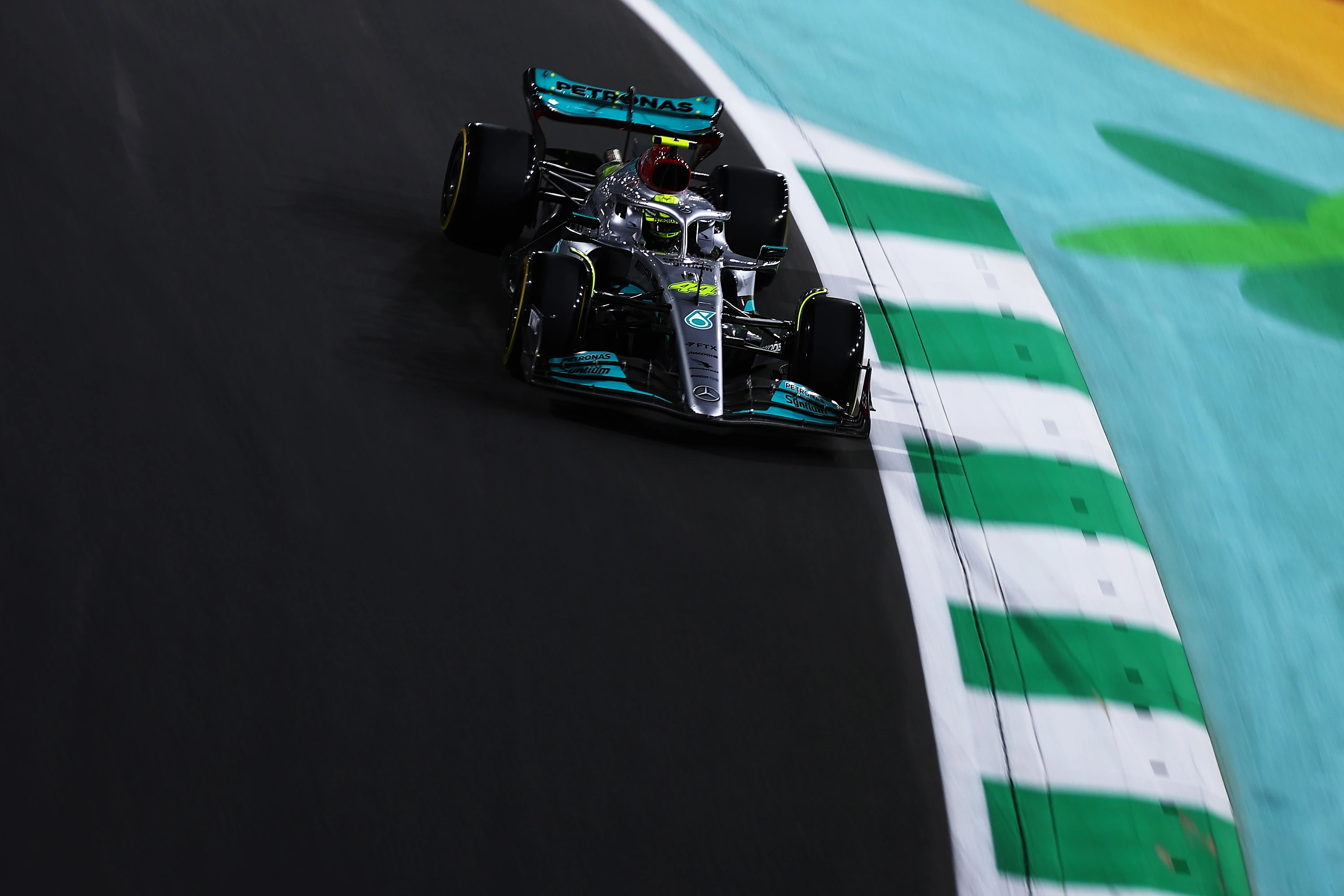 JEDDAH, SAUDI ARABIA - MARCH 26: Lewis Hamilton of Great Britain driving the (44) Mercedes AMG Petronas F1 Team W13 on track during qualifying ahead of the F1 Grand Prix of Saudi Arabia at the Jeddah Corniche Circuit on March 26, 2022 in Jeddah, Saudi Arabia. (Photo by Lars Baron/Getty Images)