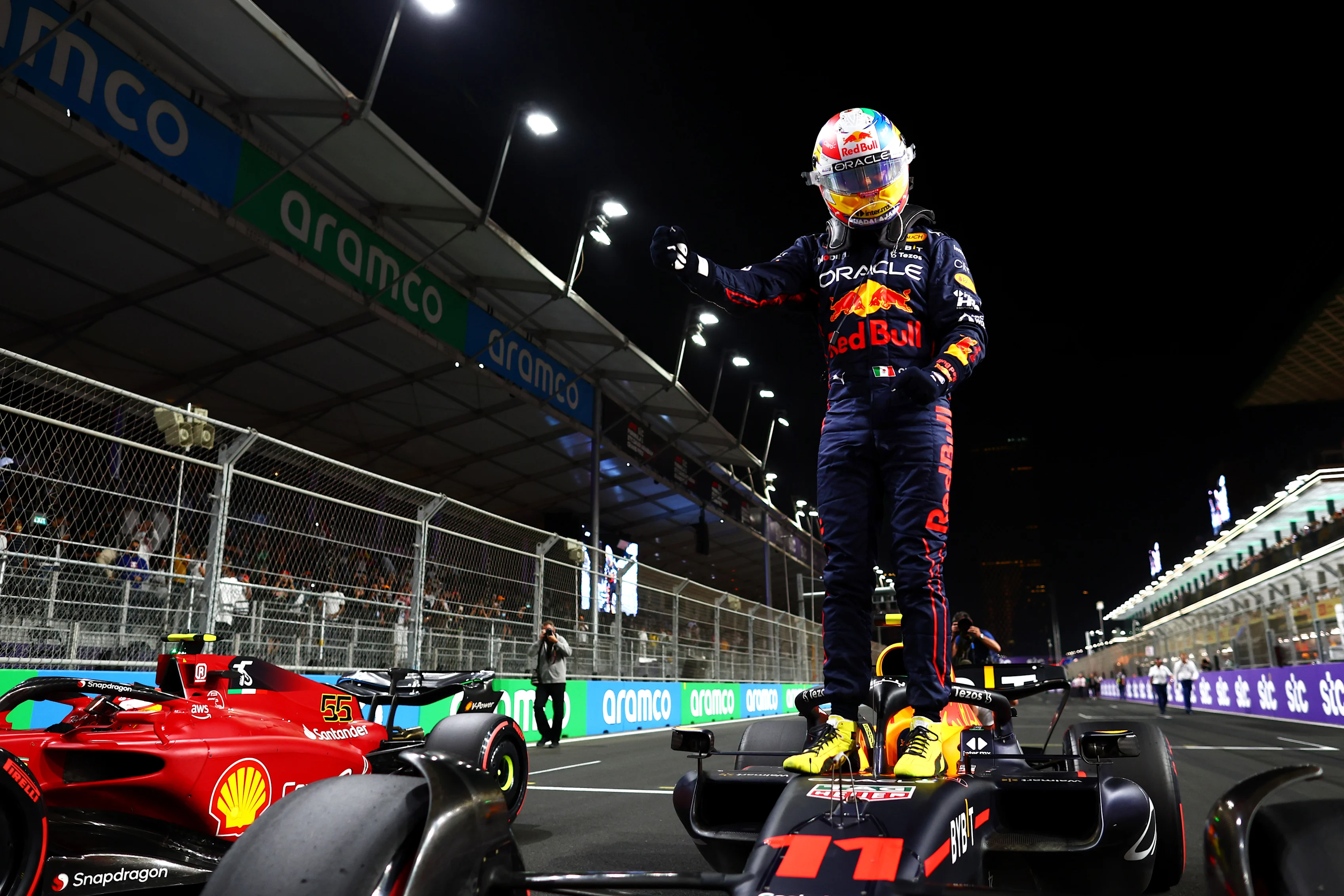 JEDDAH, SAUDI ARABIA - MARCH 26: Pole position qualifier Sergio Perez of Mexico and Oracle Red Bull