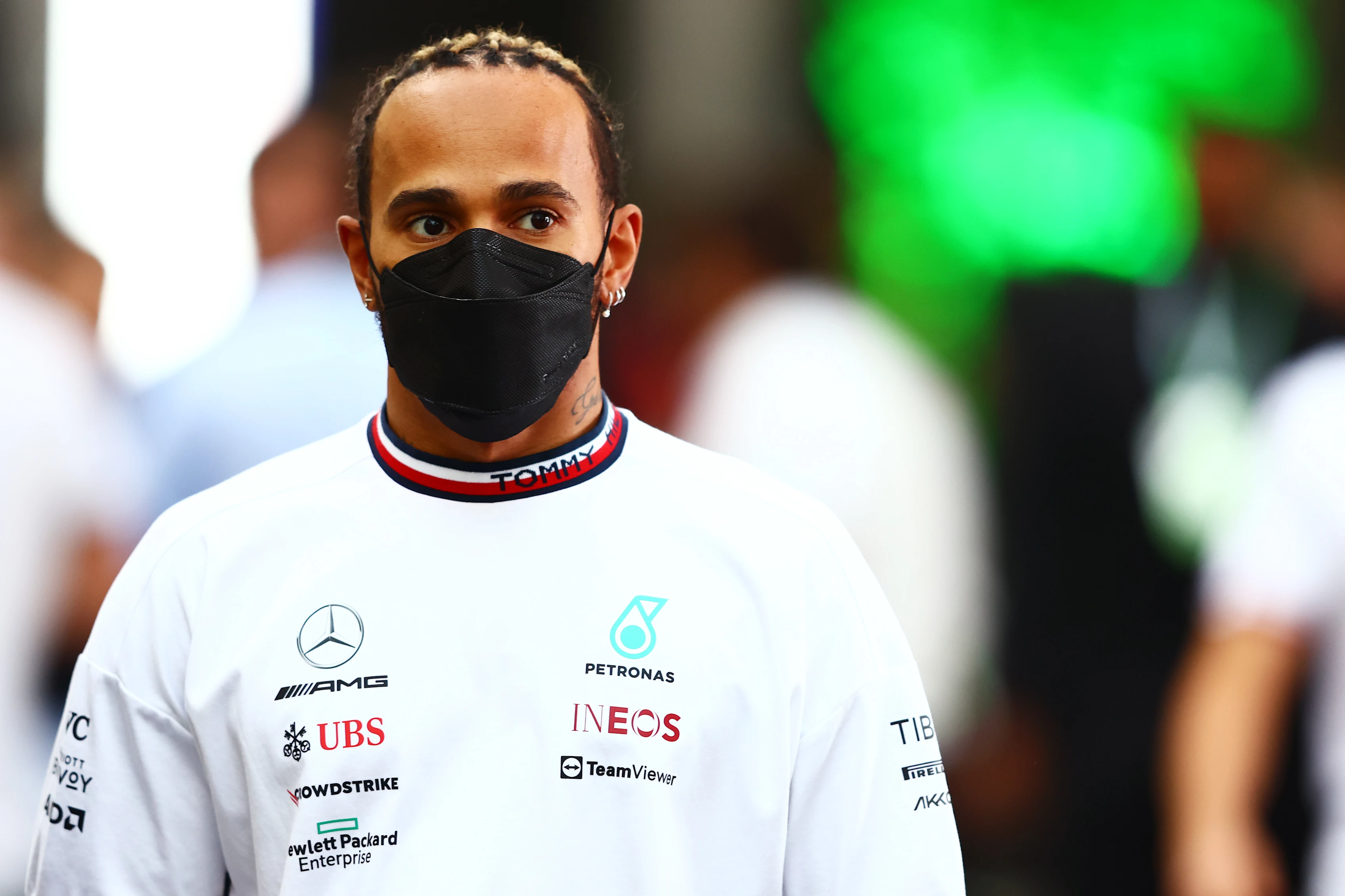JEDDAH, SAUDI ARABIA - MARCH 27: Lewis Hamilton of Great Britain and Mercedes looks on ahead of the