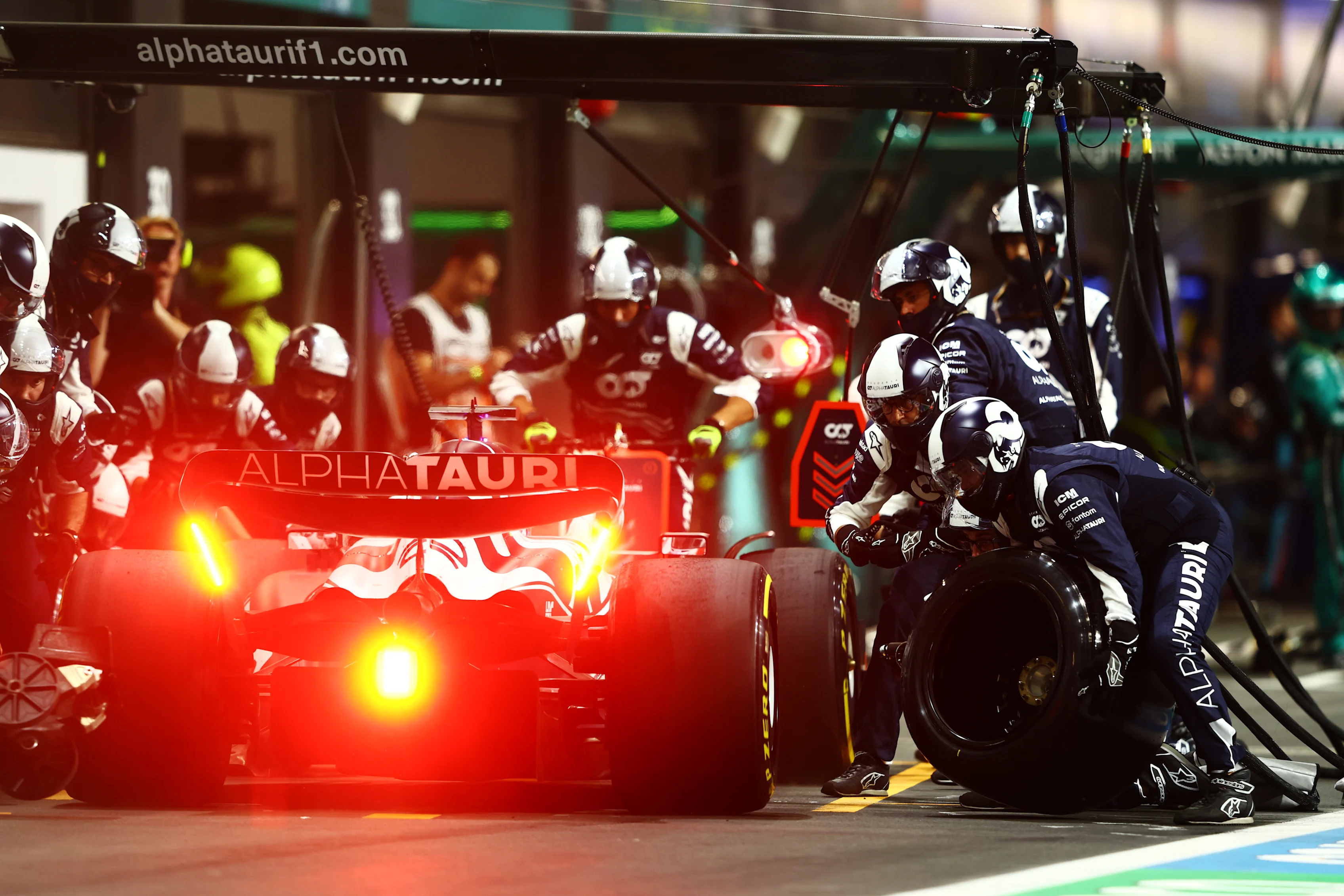 JEDDAH, SAUDI ARABIA - MARCH 27: Pierre Gasly of France driving the (10) Scuderia AlphaTauri AT03 makes a pitstop during the F1 Grand Prix of Saudi Arabia at the Jeddah Corniche Circuit on March 27, 2022 in Jeddah, Saudi Arabia. (Photo by Mark Thompson/Getty Images)