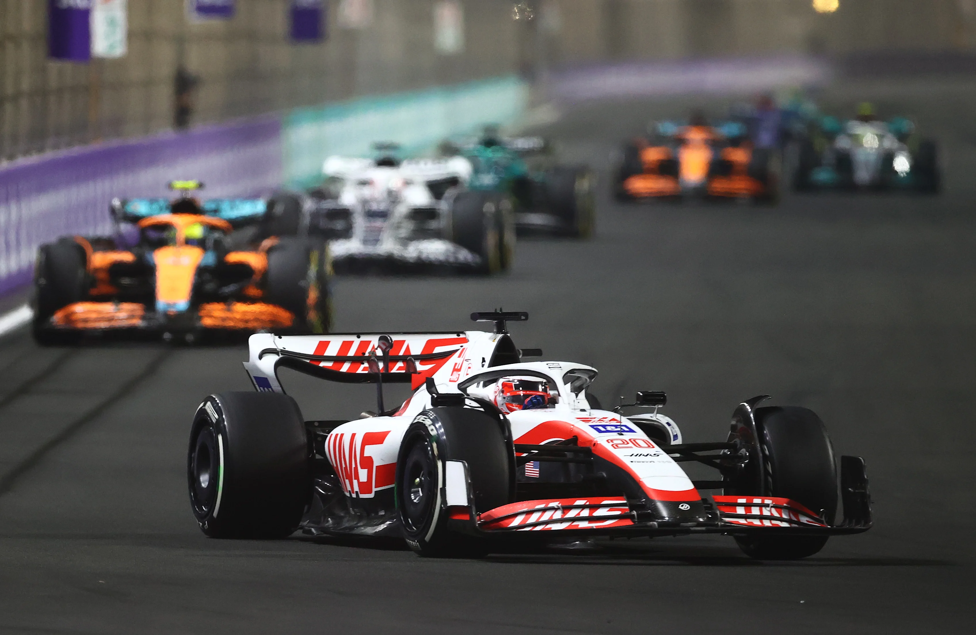 JEDDAH, SAUDI ARABIA - MARCH 27: Kevin Magnussen of Denmark driving the (20) Haas F1 VF-22 Ferrari