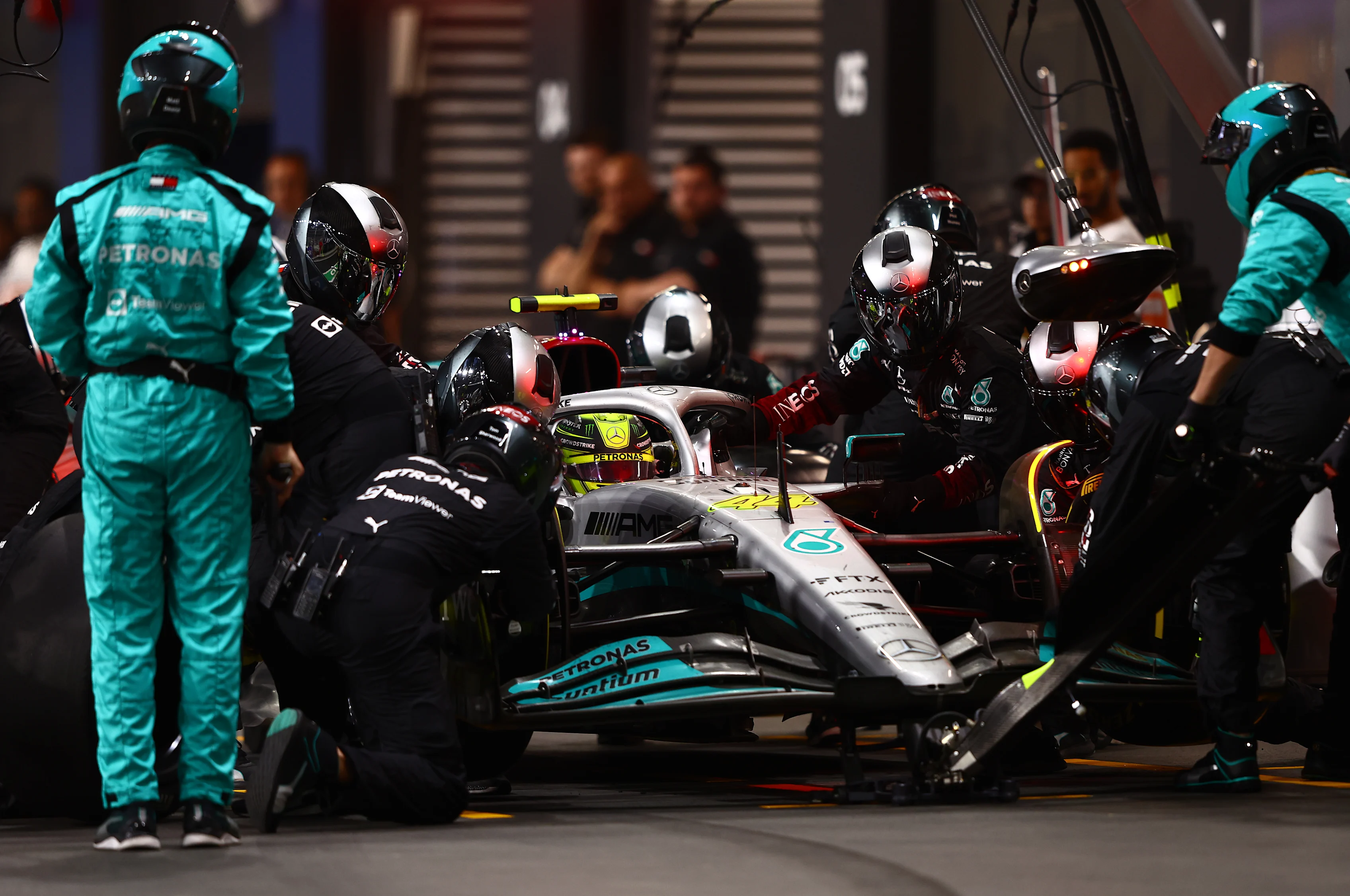 JEDDAH, SAUDI ARABIA - MARCH 27: Lewis Hamilton of Great Britain driving the (44) Mercedes AMG
