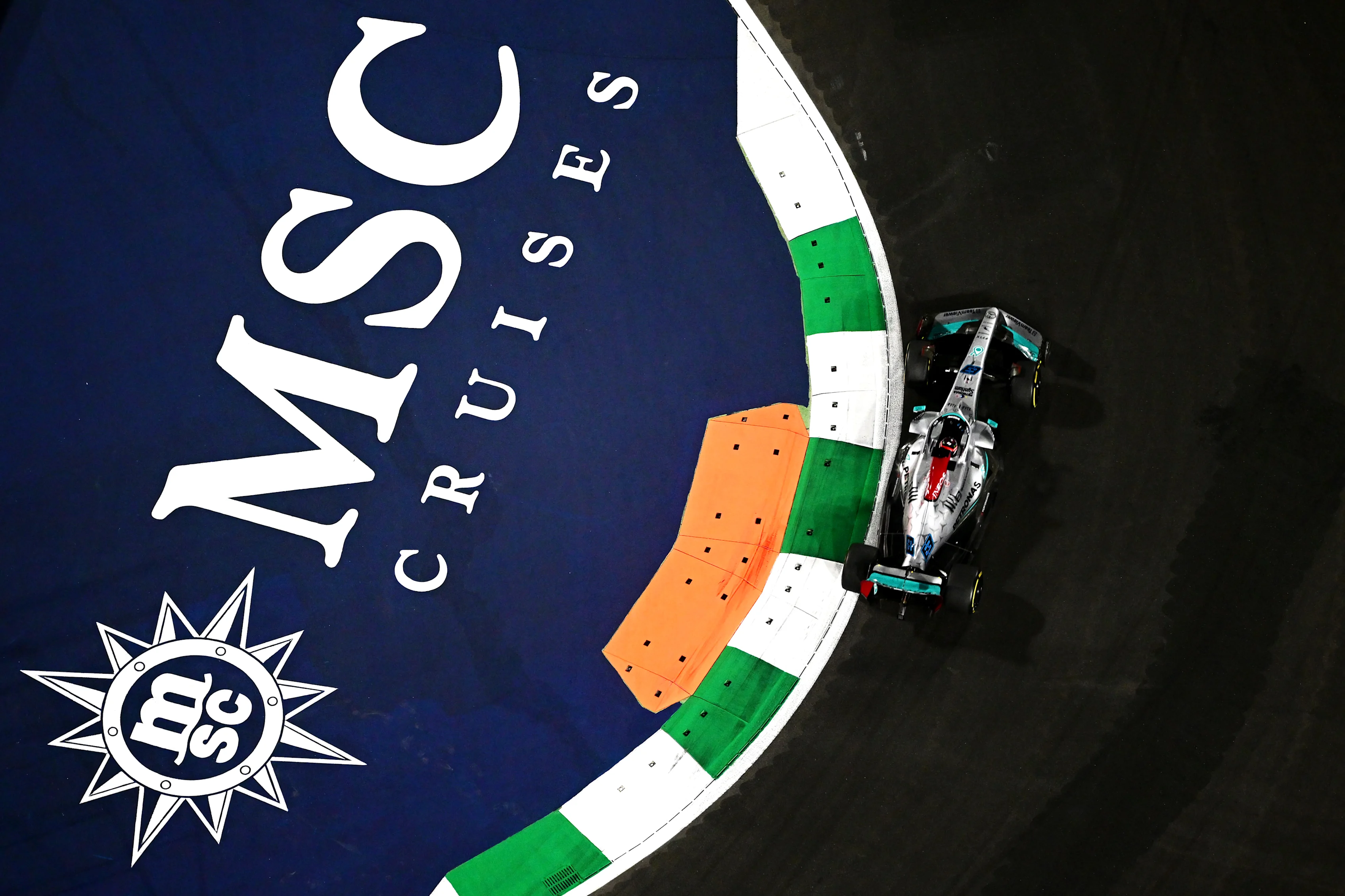 JEDDAH, SAUDI ARABIA - MARCH 27: George Russell of Great Britain driving the (63) Mercedes AMG