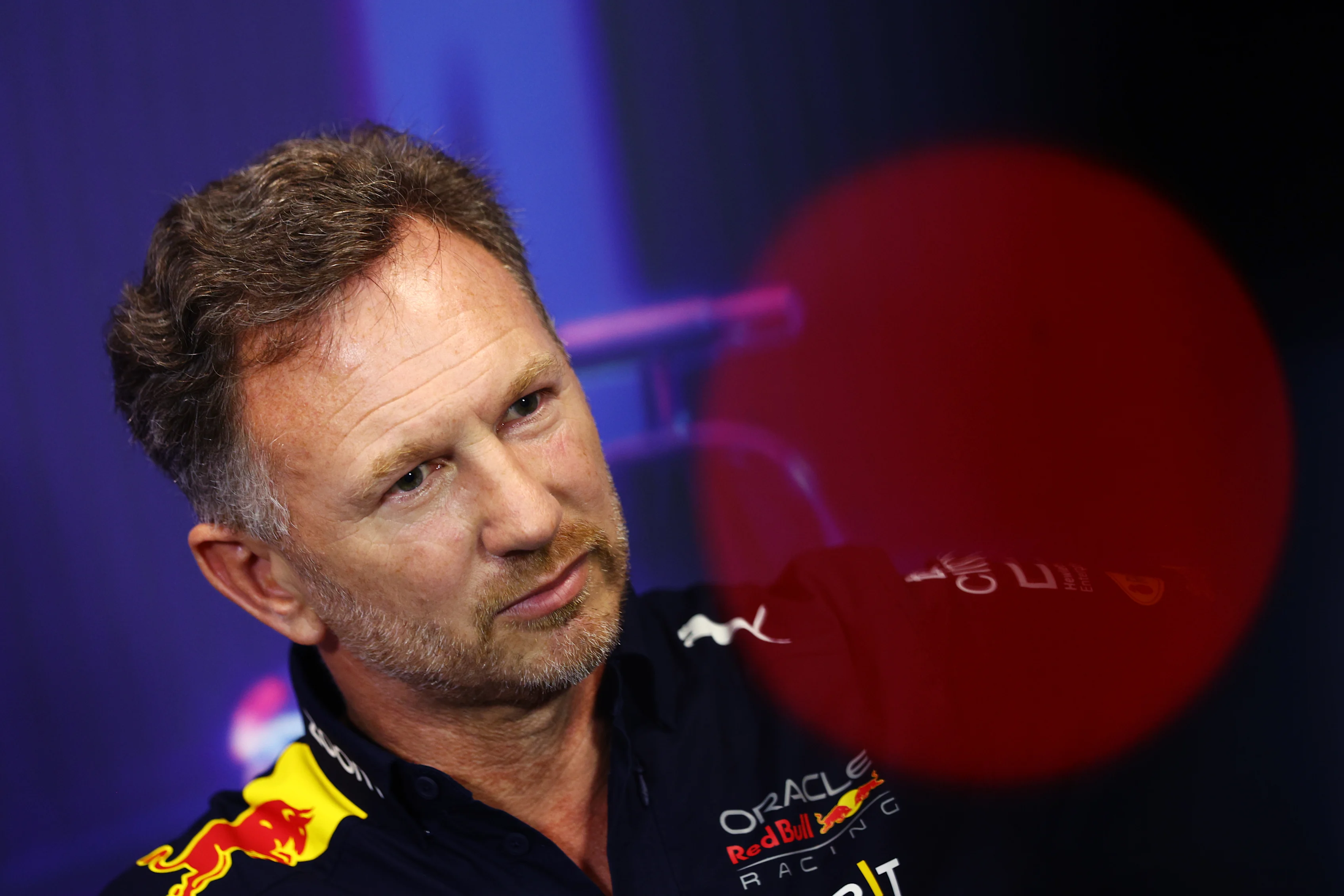 SINGAPORE, SINGAPORE - OCTOBER 01: Red Bull Racing Team Principal Christian Horner talks in the team principal's press conference before final practice ahead of the F1 Grand Prix of Singapore at Marina Bay Street Circuit on October 01, 2022 in Singapore, Singapore. (Photo by Clive Rose/Getty Images,)