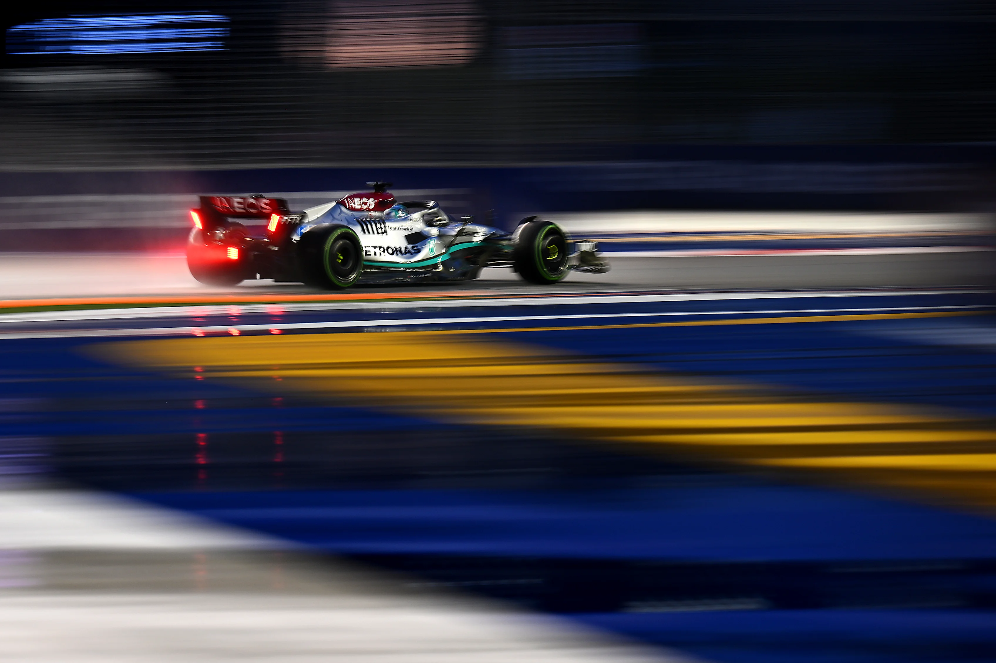 SINGAPORE, SINGAPORE - OCTOBER 01: George Russell of Great Britain driving the (63) Mercedes AMG