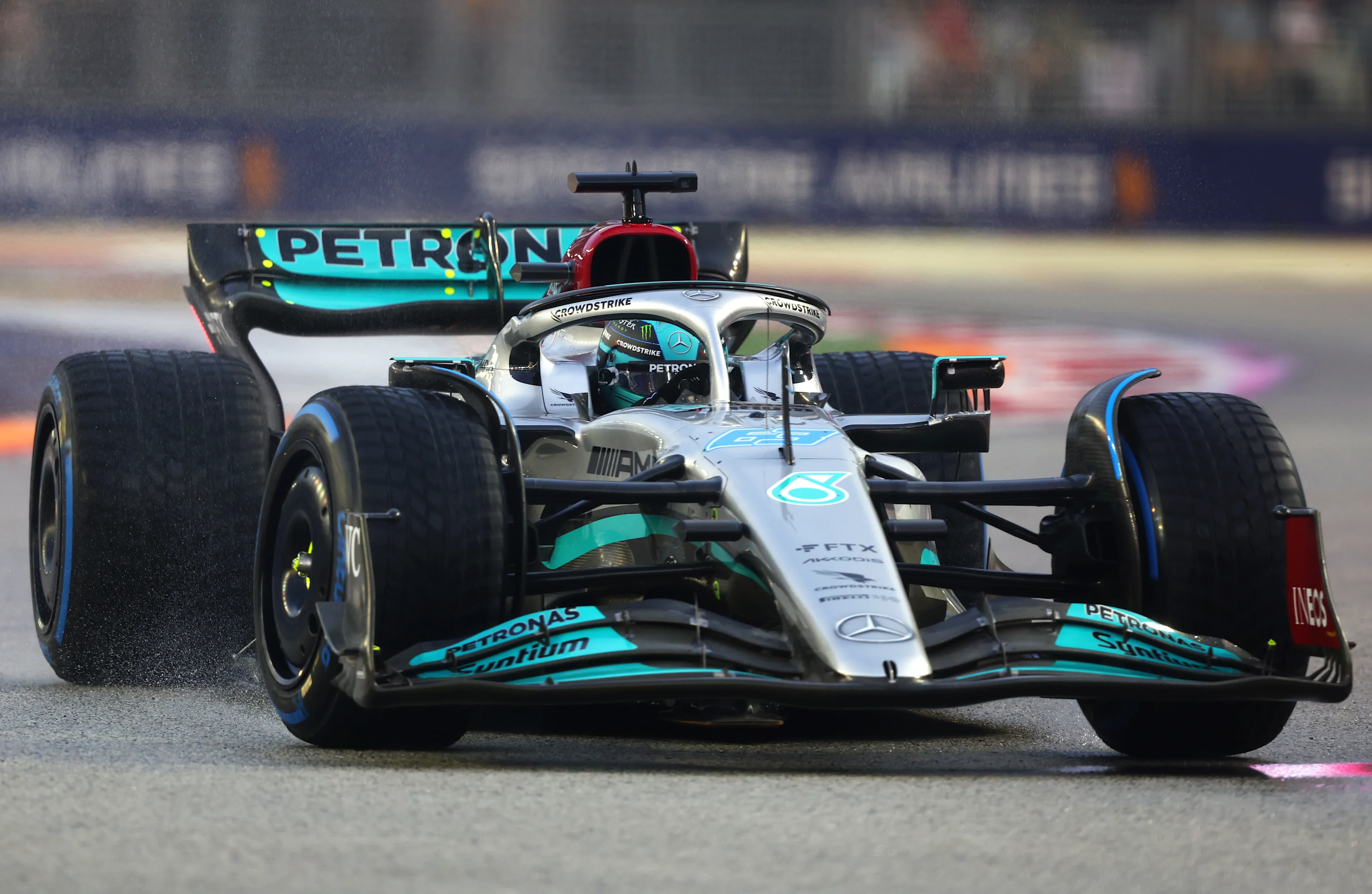 SINGAPORE, SINGAPORE - OCTOBER 01: George Russell of Great Britain driving the (63) Mercedes AMG Petronas F1 Team W13 on track during final practice ahead of the F1 Grand Prix of Singapore at Marina Bay Street Circuit on October 01, 2022 in Singapore, Singapore. (Photo by Bryn Lennon - Formula 1/Formula 1 via Getty Images)