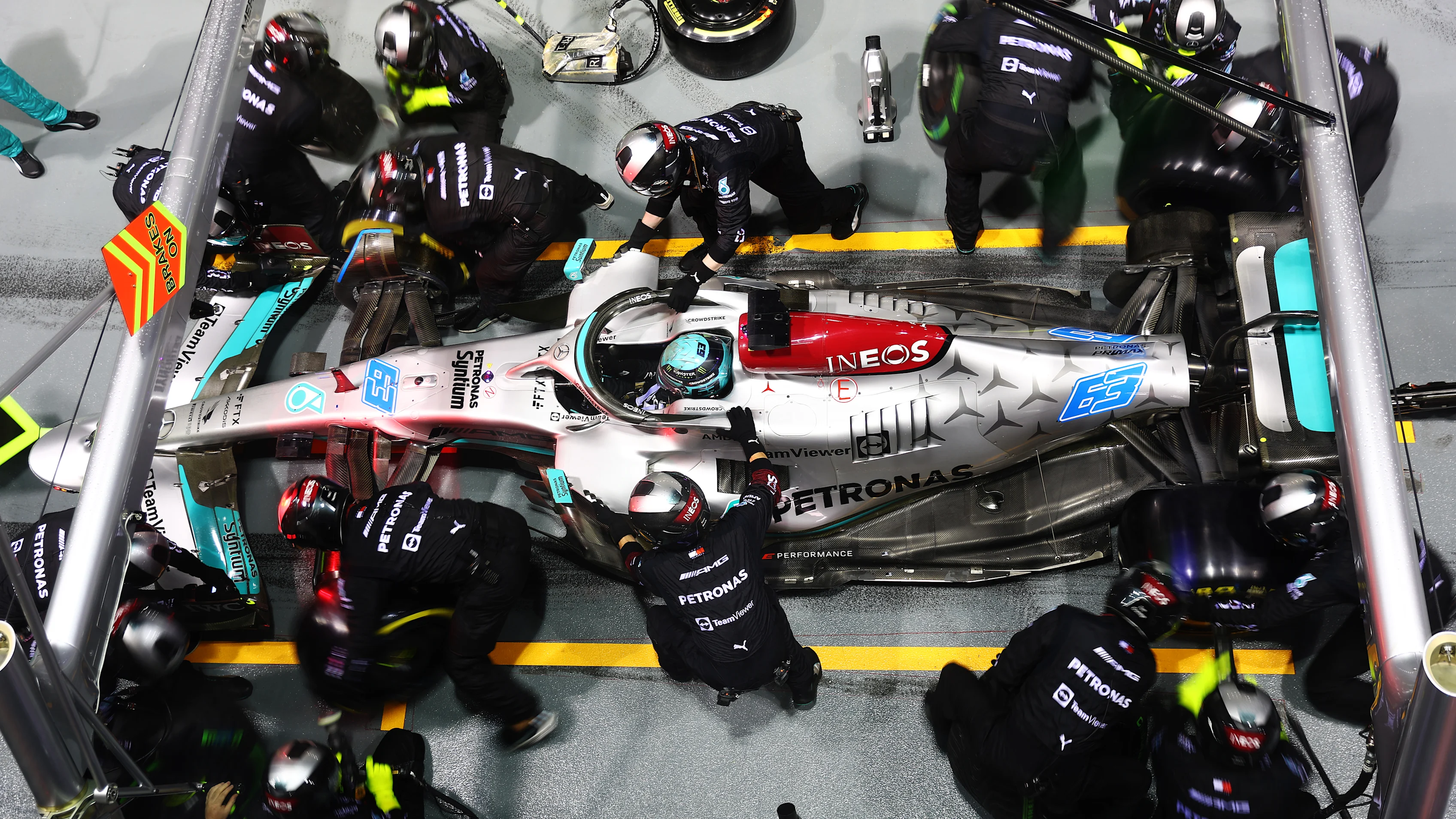 SINGAPORE, SINGAPORE - OCTOBER 02: George Russell of Great Britain driving the (63) Mercedes AMG