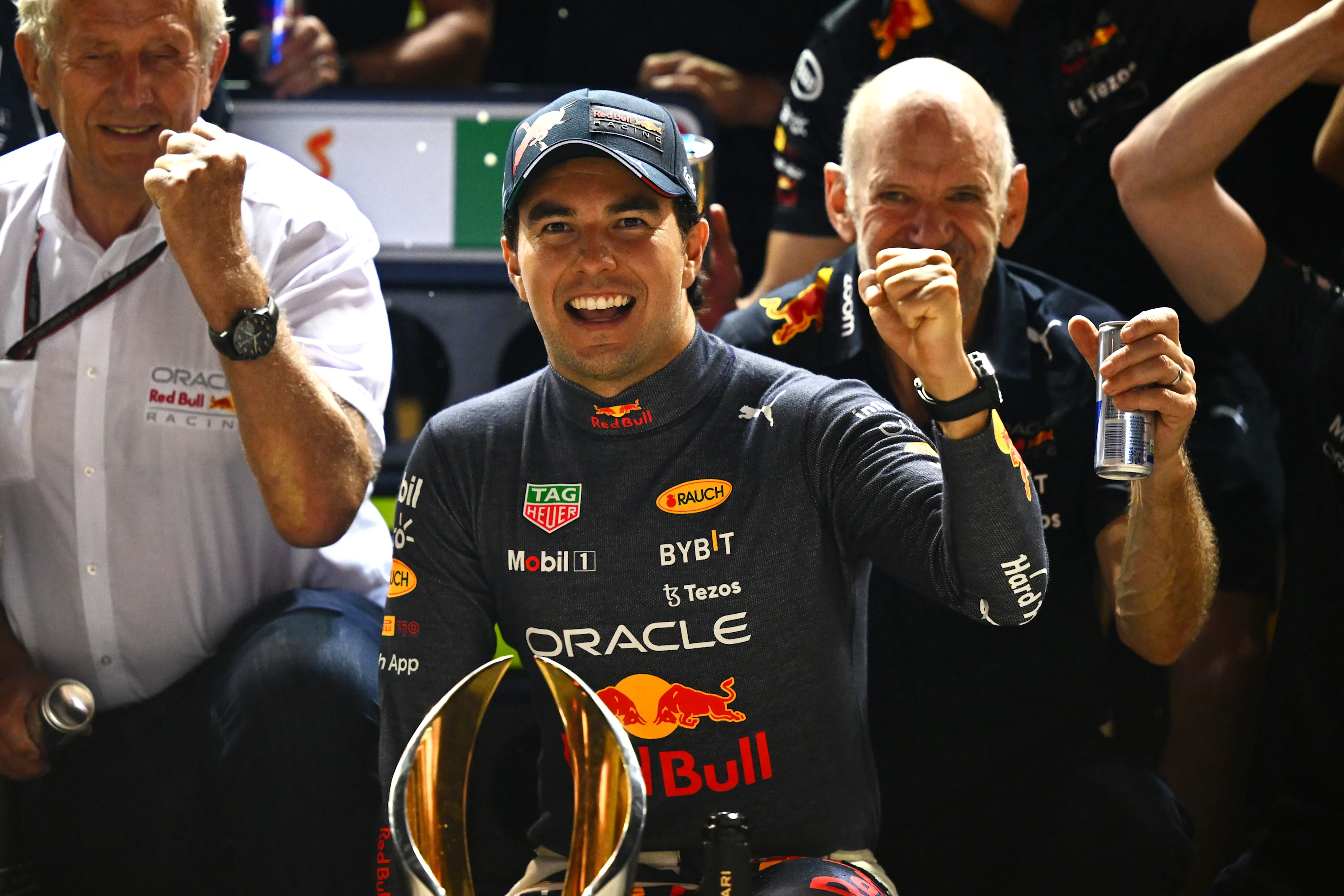 SINGAPORE, SINGAPORE - OCTOBER 02: Race winner Sergio Perez of Mexico and Oracle Red Bull Racing