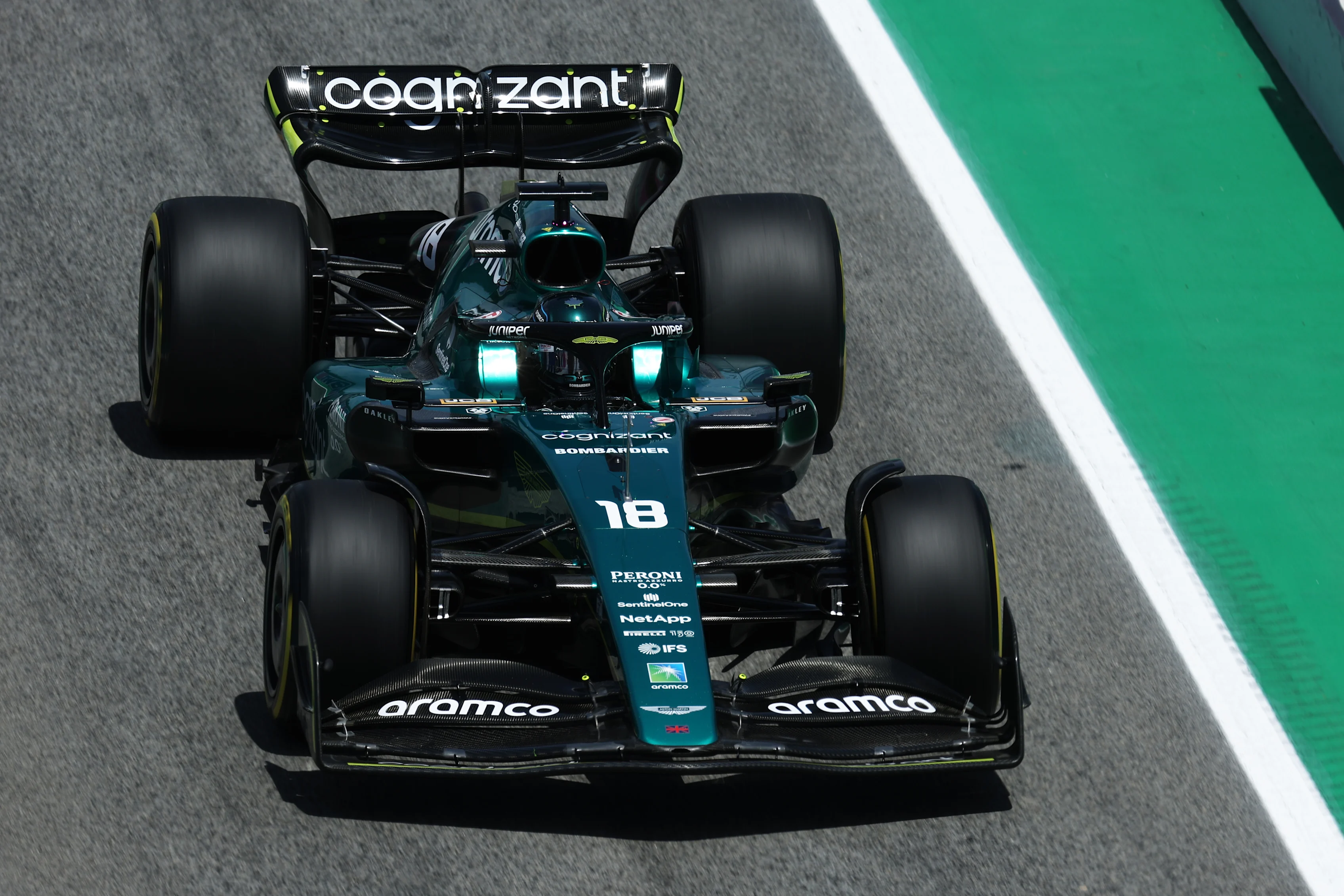BARCELONA, SPAIN - MAY 20: Lance Stroll of Canada driving the (18) Aston Martin AMR22 Mercedes on