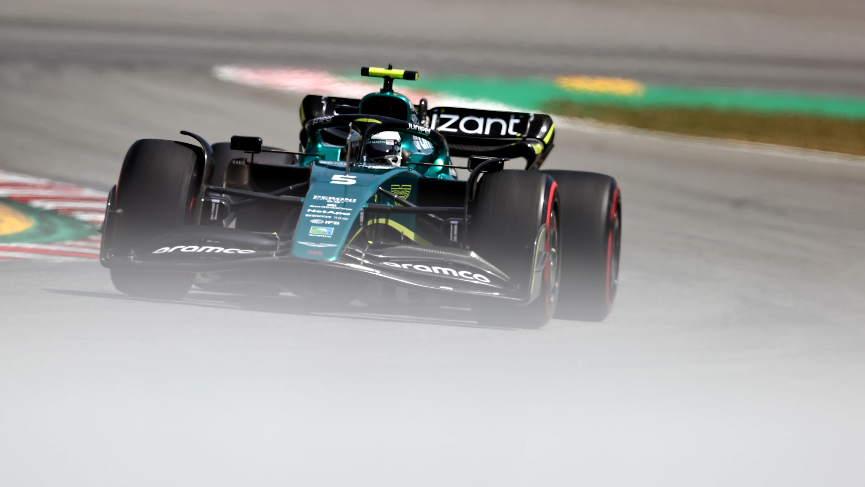 BARCELONA, SPAIN - MAY 20: Sebastian Vettel of Germany driving the (5) Aston Martin AMR22 Mercedes on track during practice ahead of the F1 Grand Prix of Spain at Circuit de Barcelona-Catalunya on May 20, 2022 in Barcelona, Spain. (Photo by Dan Istitene - Formula 1/Formula 1 via Getty Images)
