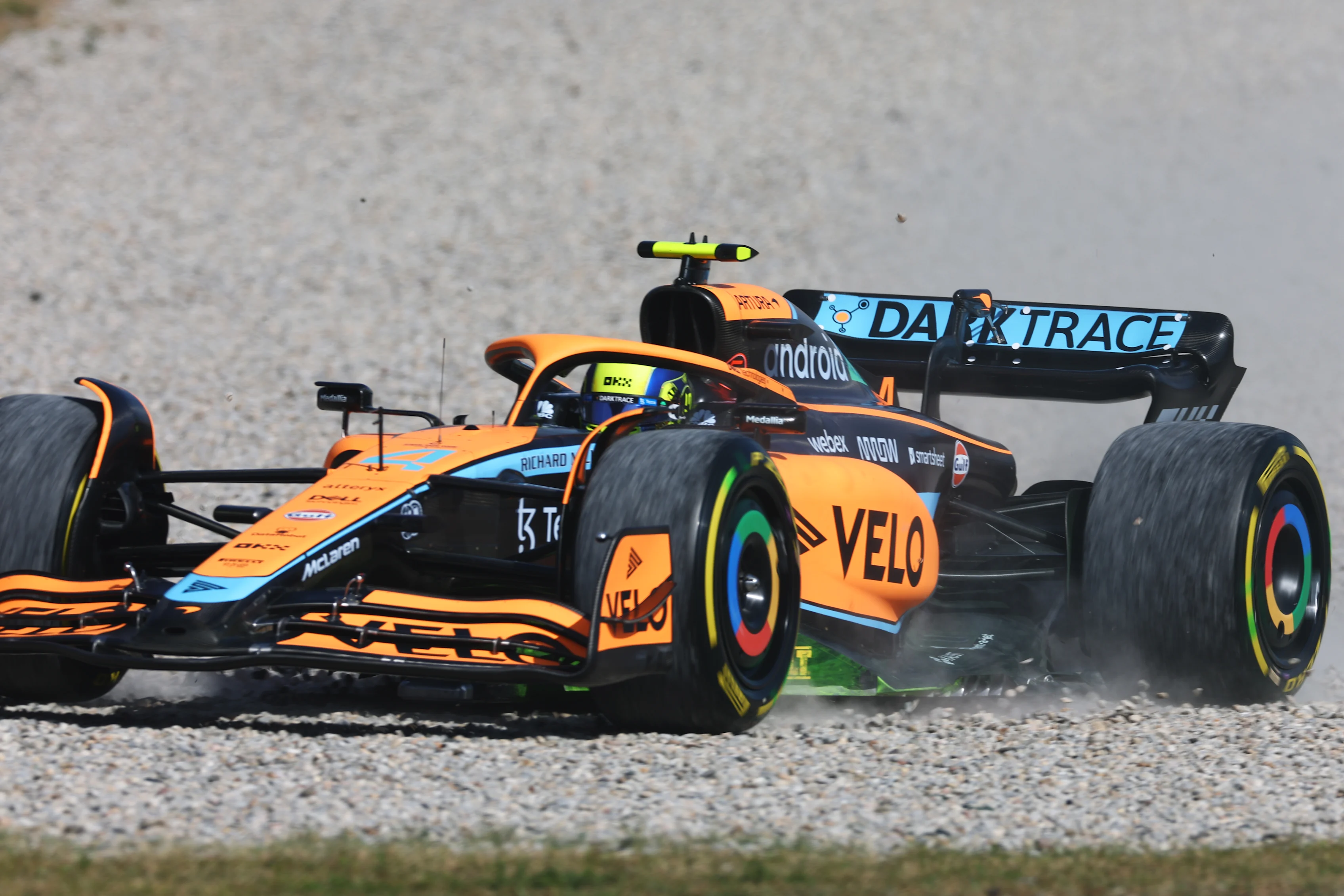 BARCELONA, SPAIN - MAY 20: Lando Norris of Great Britain driving the (4) McLaren MCL36 Mercedes runs wide during practice ahead of the F1 Grand Prix of Spain at Circuit de Barcelona-Catalunya on May 20, 2022 in Barcelona, Spain. (Photo by Lars Baron/Getty Images)