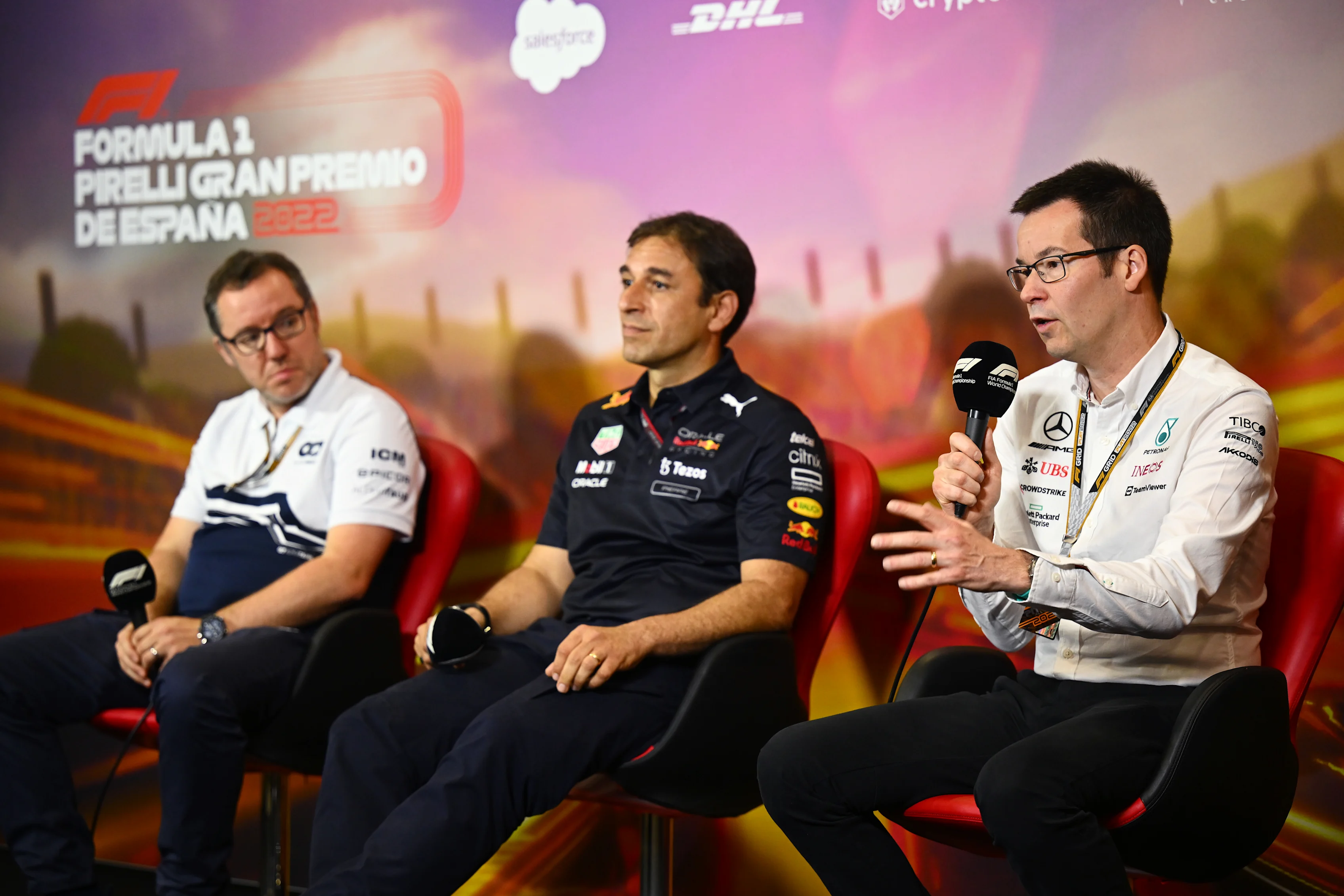 BARCELONA, SPAIN - MAY 21: Mike Elliott, Technical Director of Mercedes, talks in the Team Principals Press Conference prior to practice ahead of the F1 Grand Prix of Spain at Circuit de Barcelona-Catalunya on May 21, 2022 in Barcelona, Spain. (Photo by Clive Mason/Getty Images)