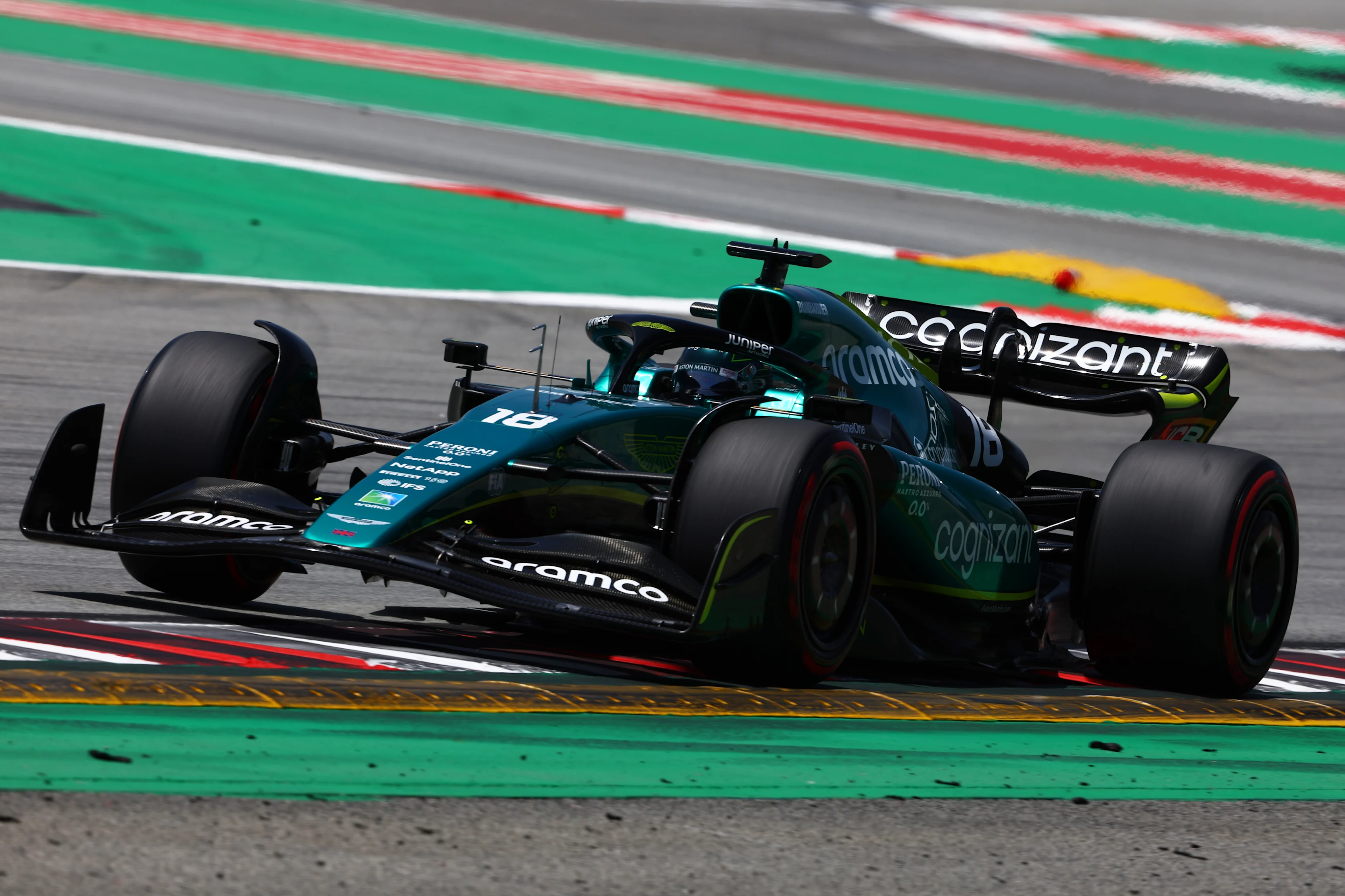 BARCELONA, SPAIN - MAY 21: Lance Stroll of Canada driving the (18) Aston Martin AMR22 Mercedes on track during practice ahead of the F1 Grand Prix of Spain at Circuit de Barcelona-Catalunya on May 21, 2022 in Barcelona, Spain. (Photo by Mark Thompson/Getty Images)