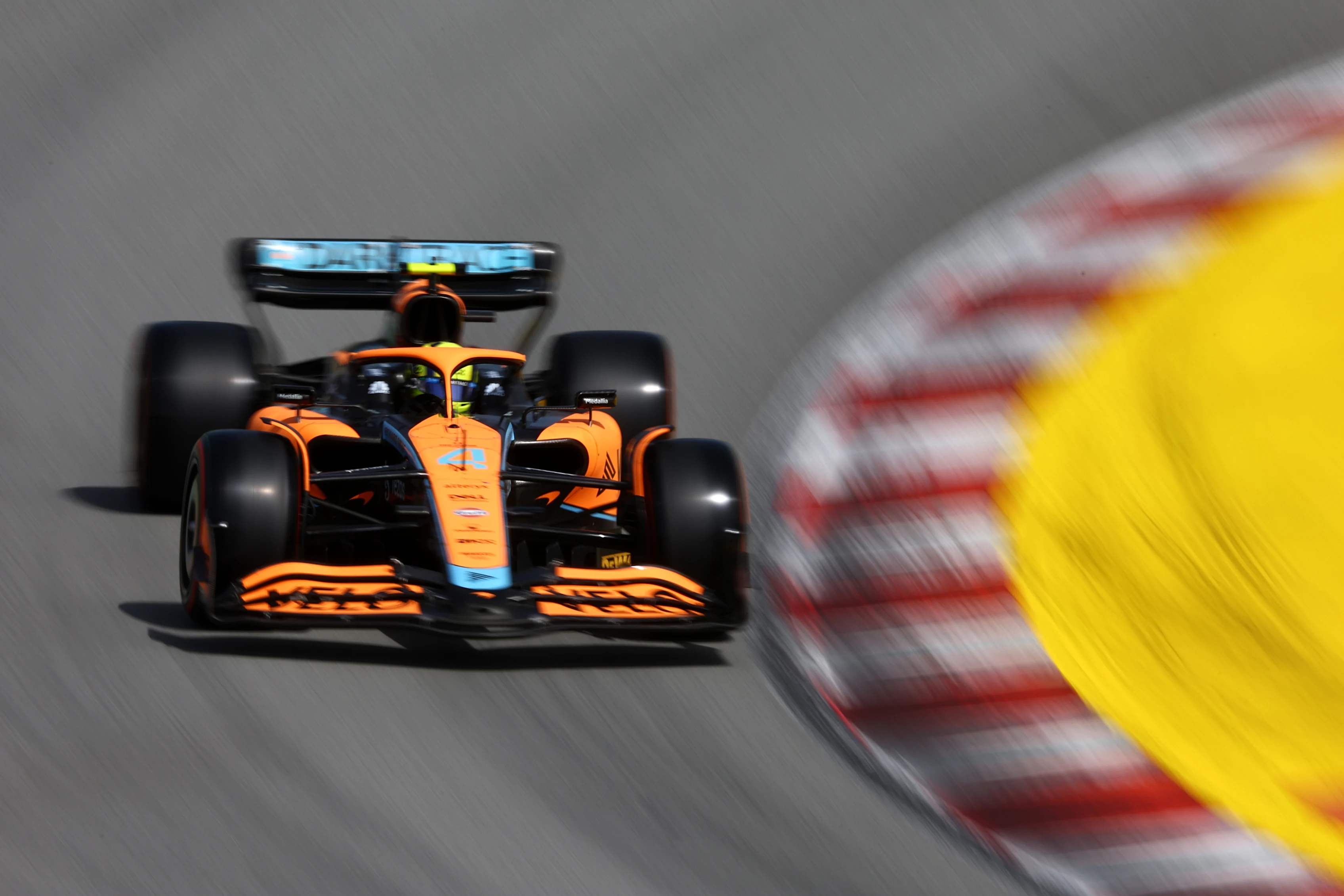 BARCELONA, SPAIN - MAY 21: Lando Norris of Great Britain driving the (4) McLaren MCL36 Mercedes on track during qualifying ahead of the F1 Grand Prix of Spain at Circuit de Barcelona-Catalunya on May 21, 2022 in Barcelona, Spain. (Photo by Lars Baron/Getty Images)