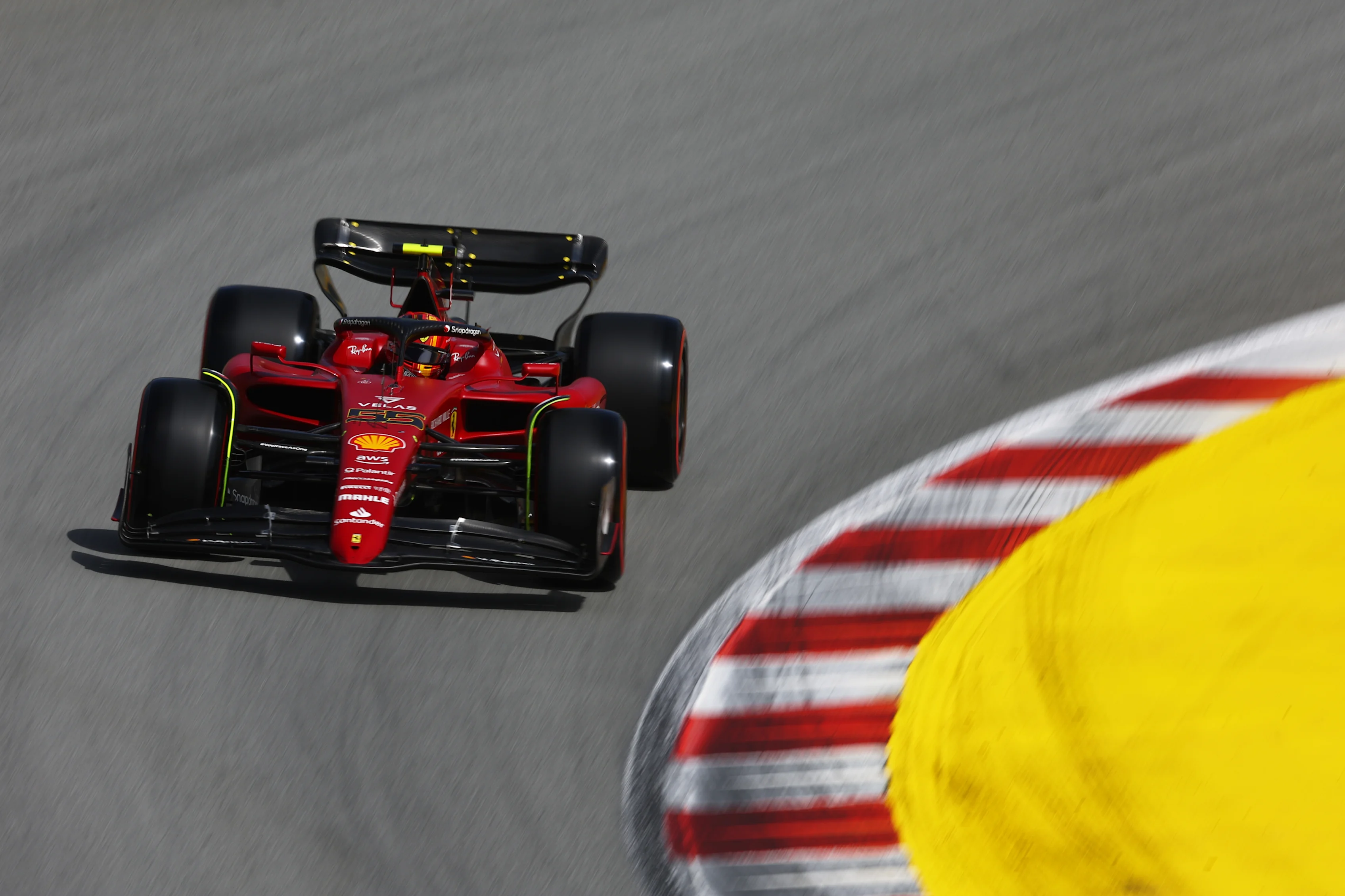 BARCELONA, SPAIN - MAY 21: Carlos Sainz of Spain driving (55) the Ferrari F1-75 on track during