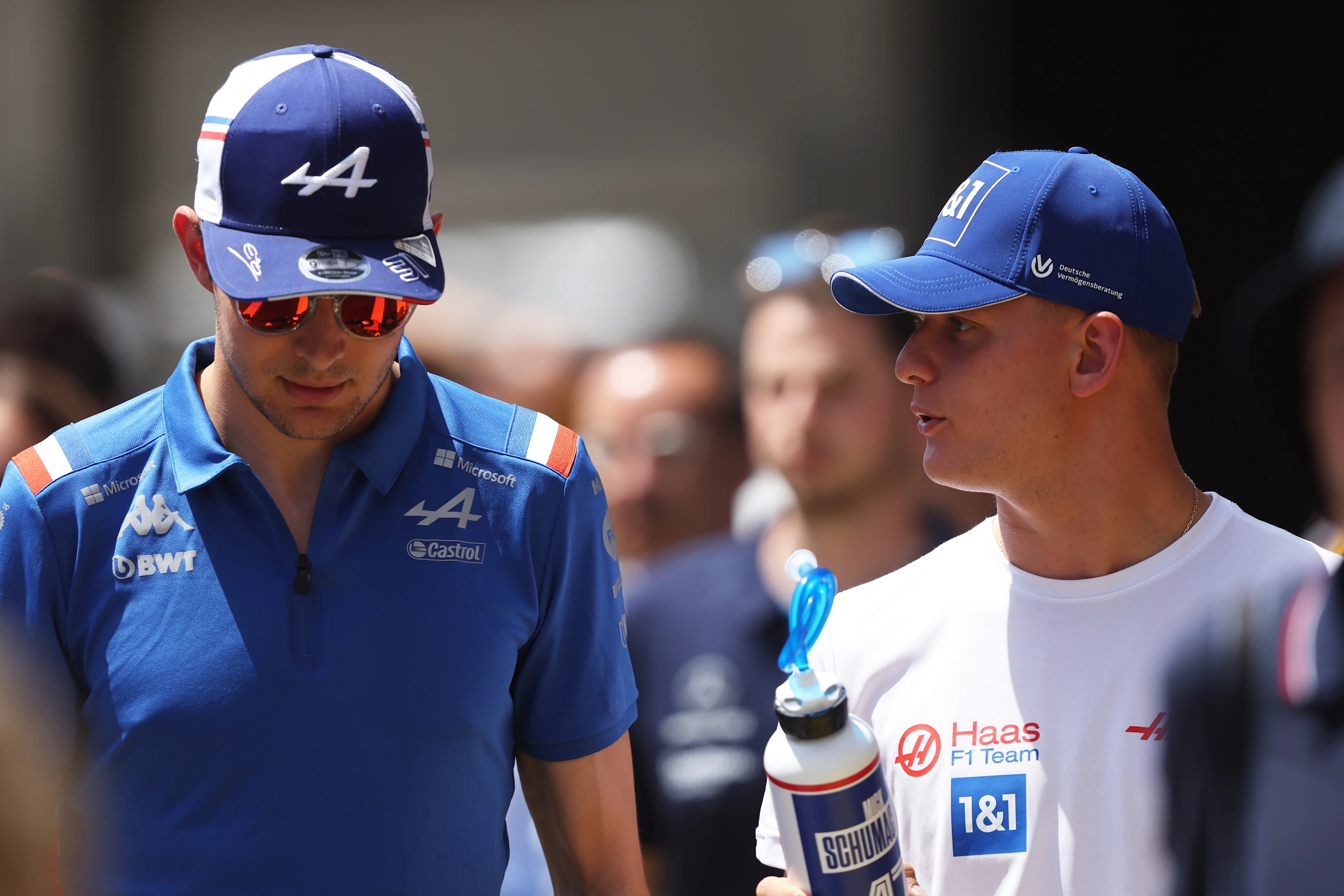 BARCELONA, SPAIN - MAY 22: Esteban Ocon of France and Alpine F1 and Mick Schumacher of Germany and