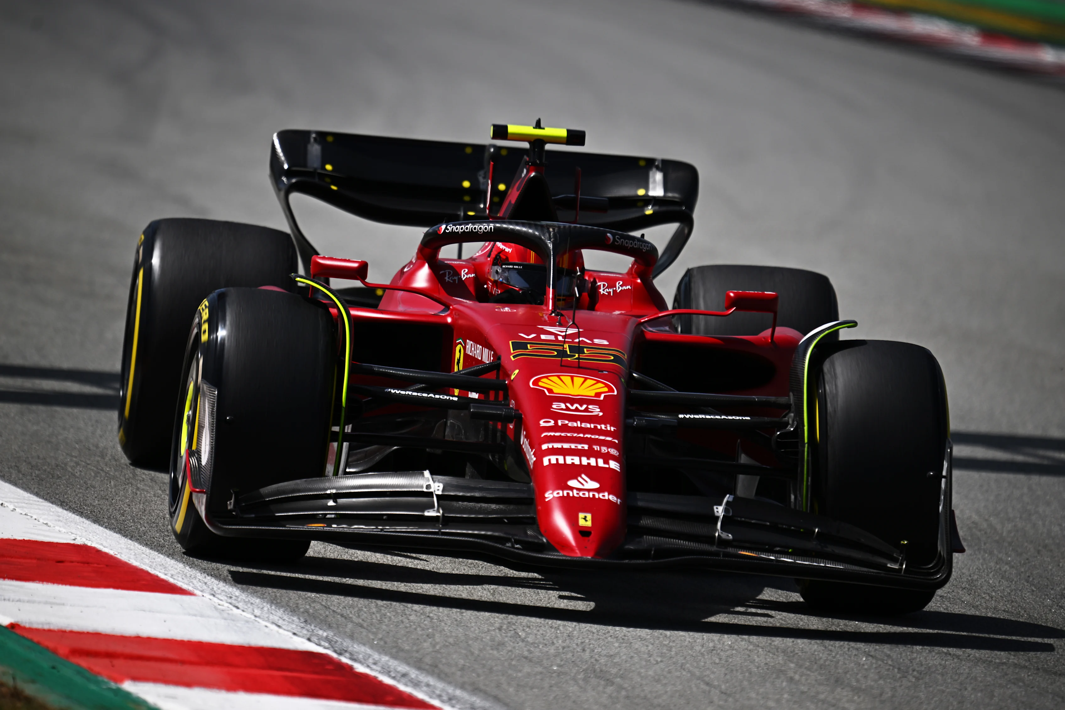 BARCELONA, SPAIN - MAY 22: Carlos Sainz of Spain driving (55) the Ferrari F1-75 on track during the