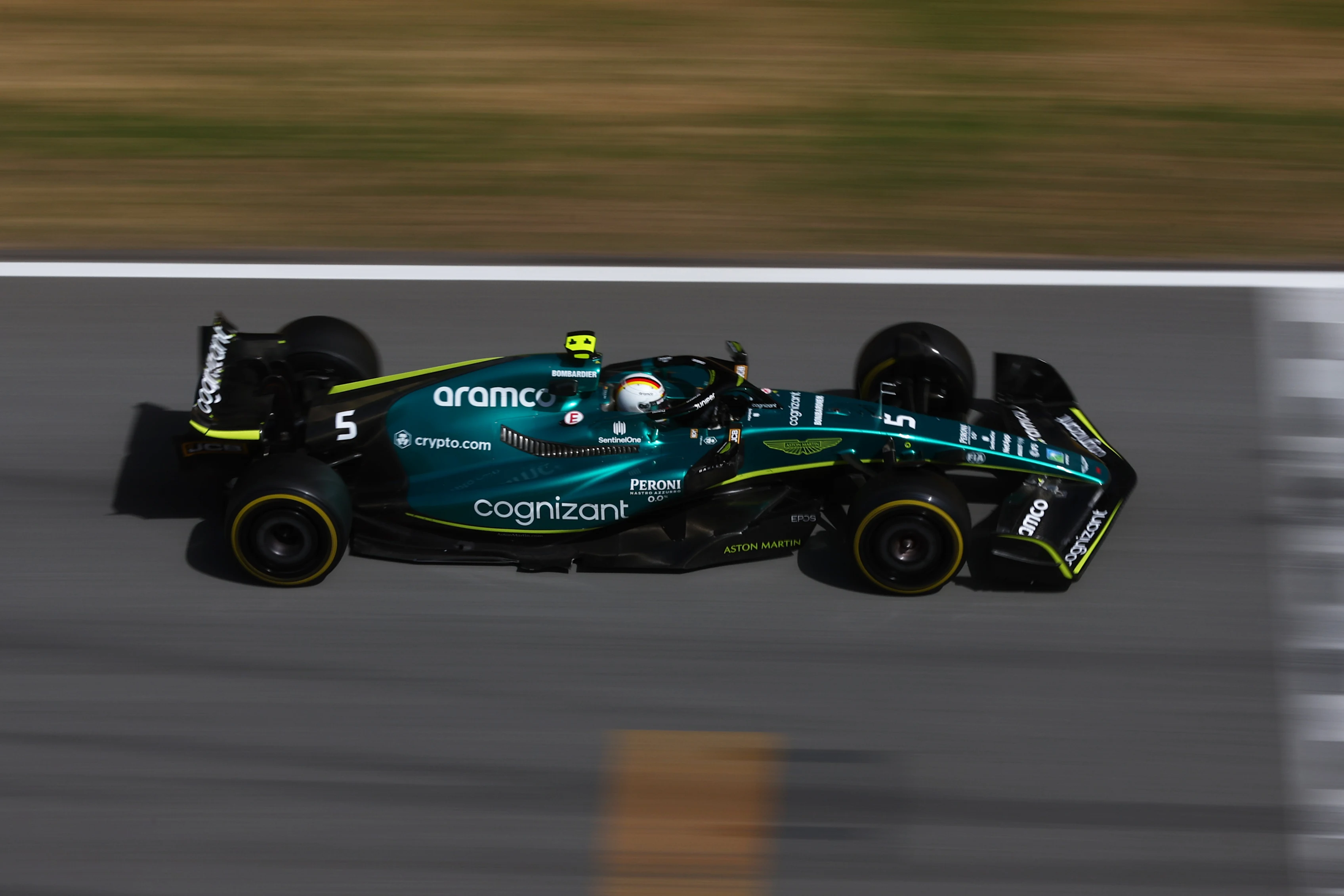 BARCELONA, SPAIN - MAY 22: Sebastian Vettel of Germany driving the (5) Aston Martin AMR22 Mercedes on track during the F1 Grand Prix of Spain at Circuit de Barcelona-Catalunya on May 22, 2022 in Barcelona, Spain. (Photo by Lars Baron/Getty Images)