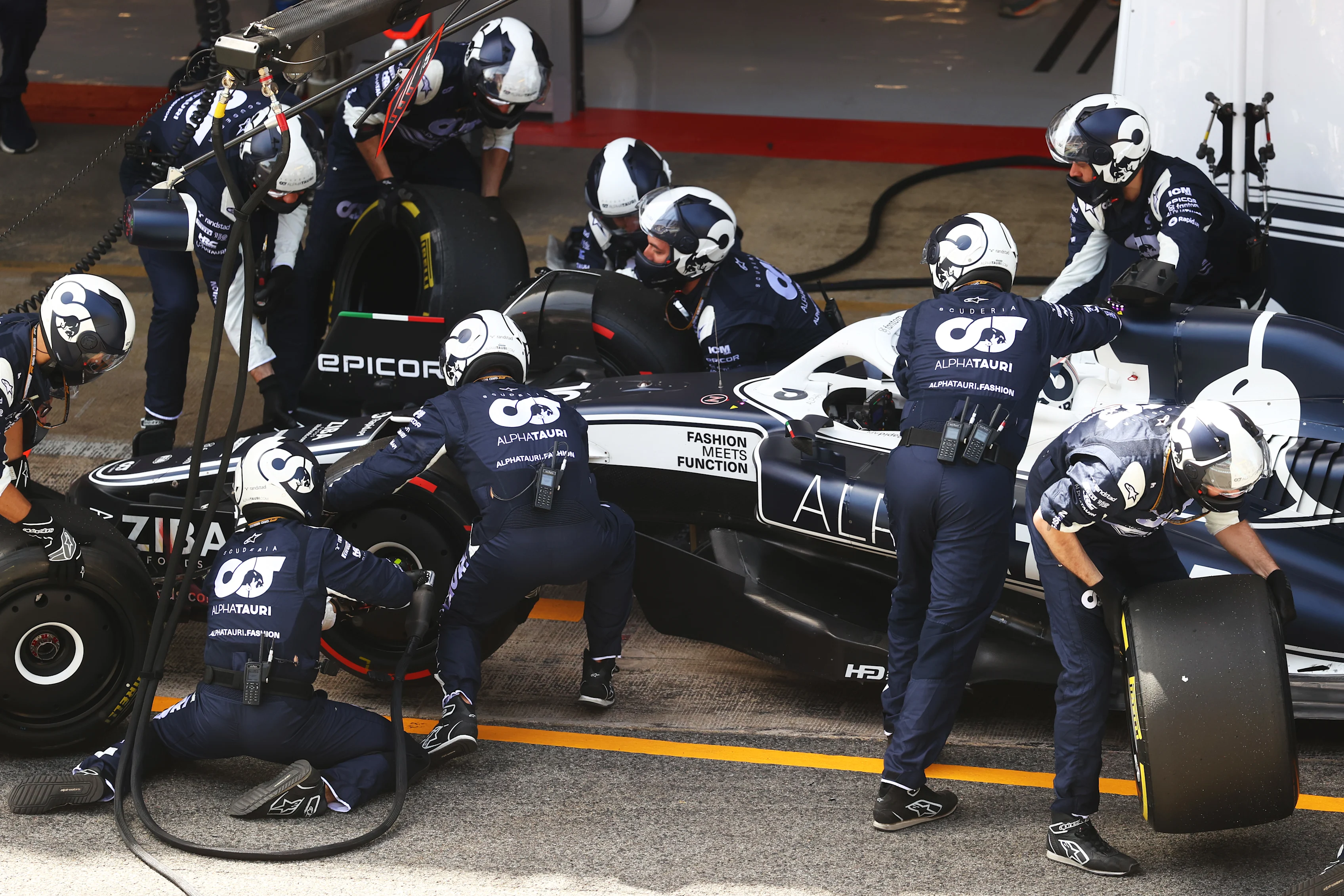 BARCELONA, SPAIN - MAY 22: Pierre Gasly of France driving the (10) Scuderia AlphaTauri AT03 makes a pitstop during the F1 Grand Prix of Spain at Circuit de Barcelona-Catalunya on May 22, 2022 in Barcelona, Spain. (Photo by Dan Istitene - Formula 1/Formula 1 via Getty Images)