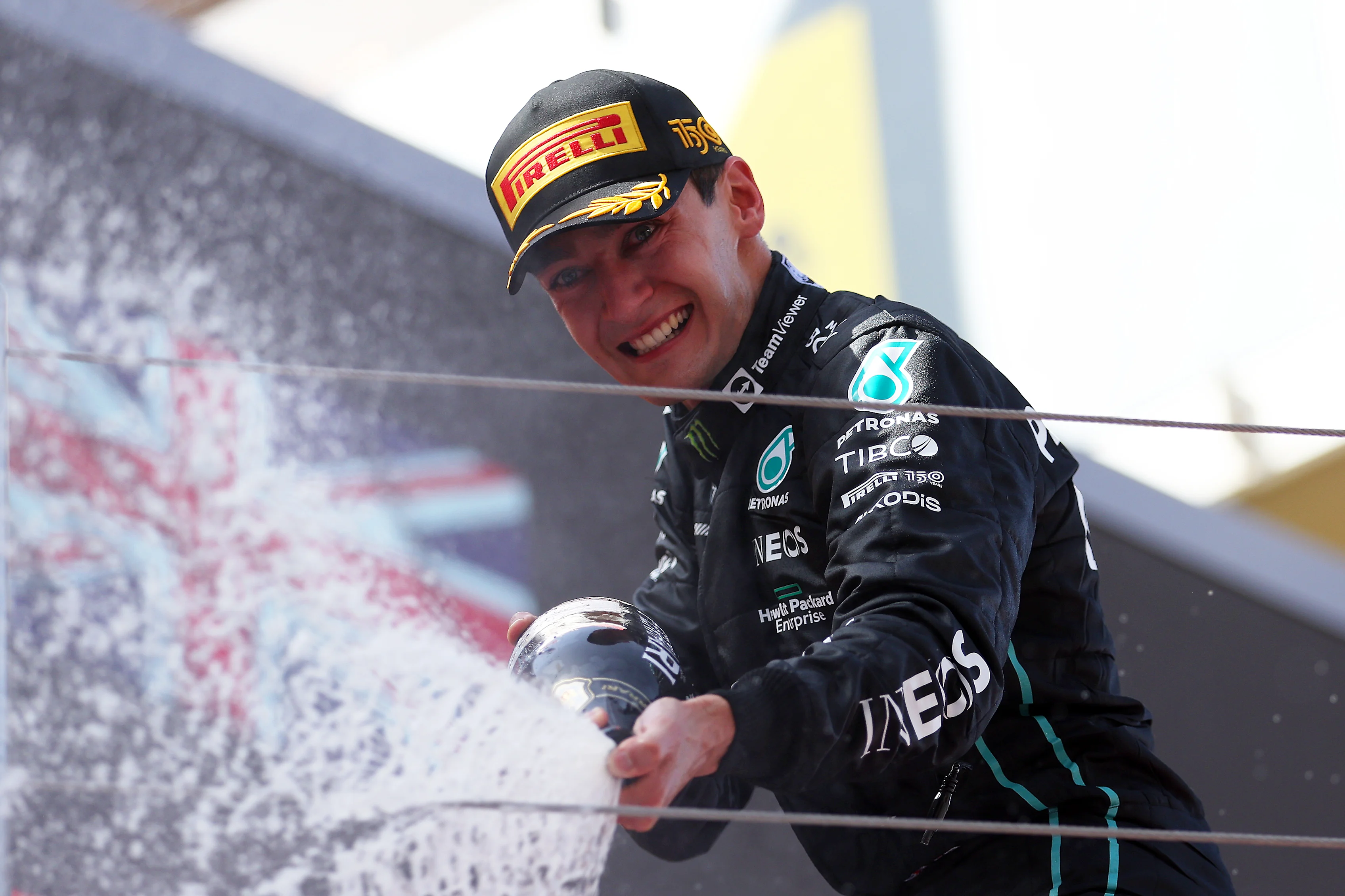 BARCELONA, SPAIN - MAY 22: Third placed George Russell of Great Britain and Mercedes celebrates on