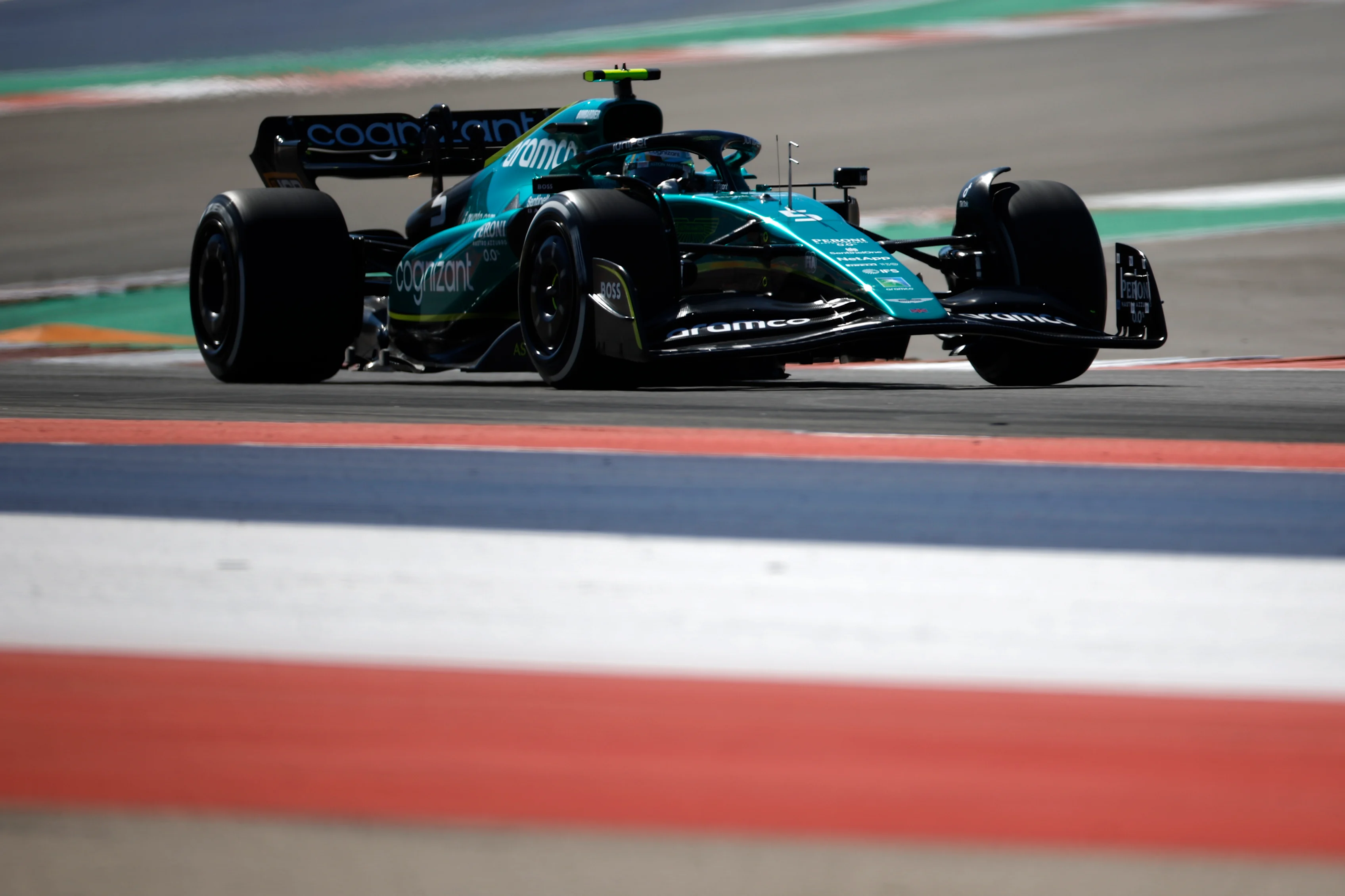 AUSTIN, TEXAS - OCTOBER 21: Sebastian Vettel of Germany driving the (5) Aston Martin AMR22 Mercedes on track during practice ahead of the F1 Grand Prix of USA at Circuit of The Americas on October 21, 2022 in Austin, Texas. (Photo by Jared C. Tilton/Getty Images)
