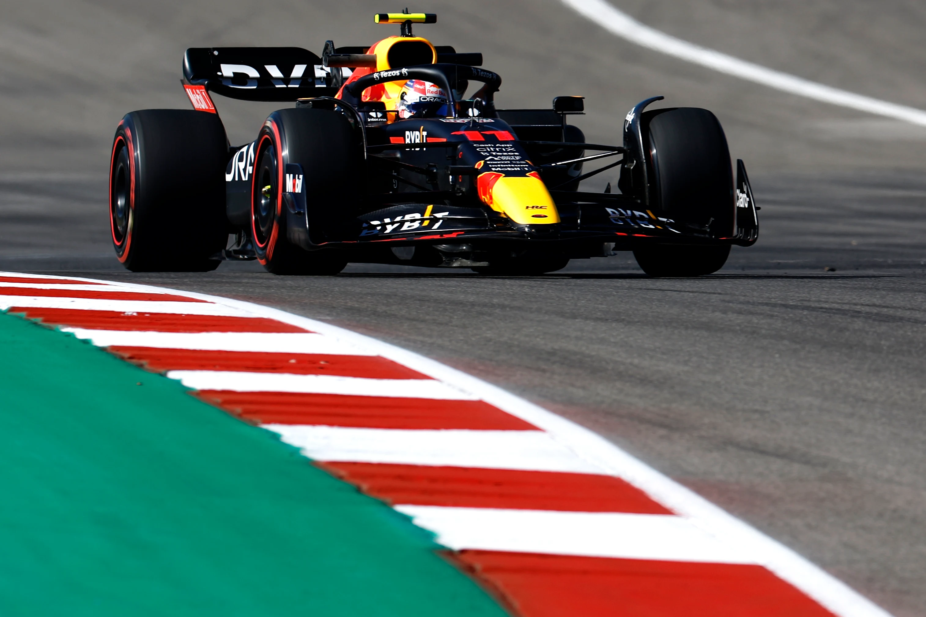AUSTIN, TEXAS - OCTOBER 21: Sergio Perez of Mexico driving the (11) Oracle Red Bull Racing RB18 on track during practice ahead of the F1 Grand Prix of USA at Circuit of The Americas on October 21, 2022 in Austin, Texas. (Photo by Chris Graythen/Getty Images)