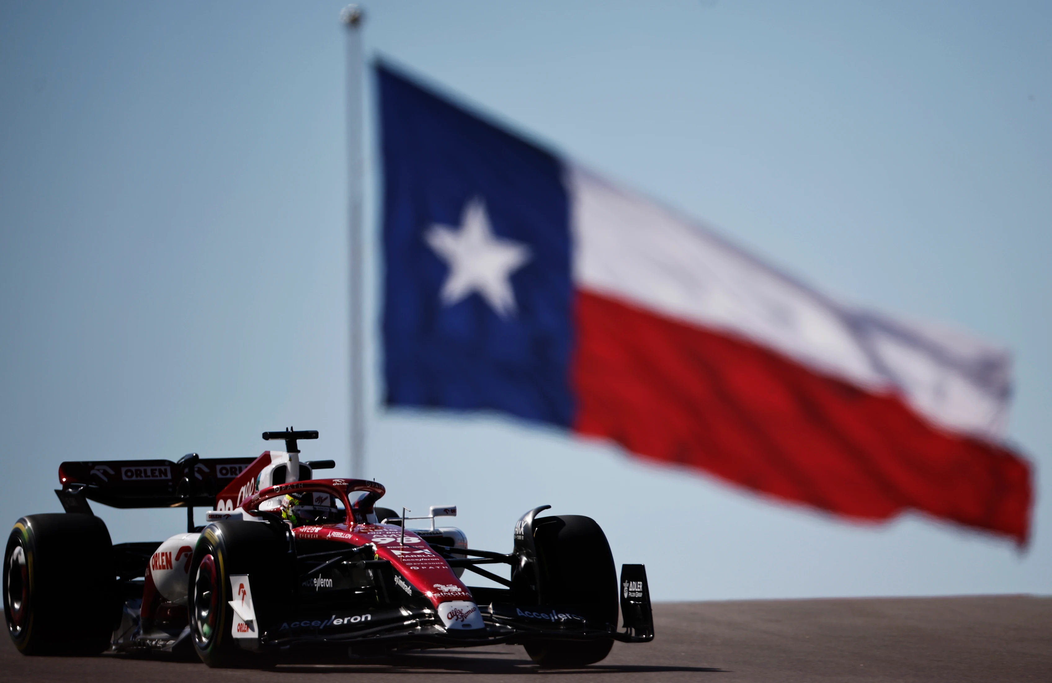 AUSTIN, TEXAS - OCTOBER 21: Theo Pourchaire of France driving the (98) Alfa Romeo F1 C42 Ferrari on