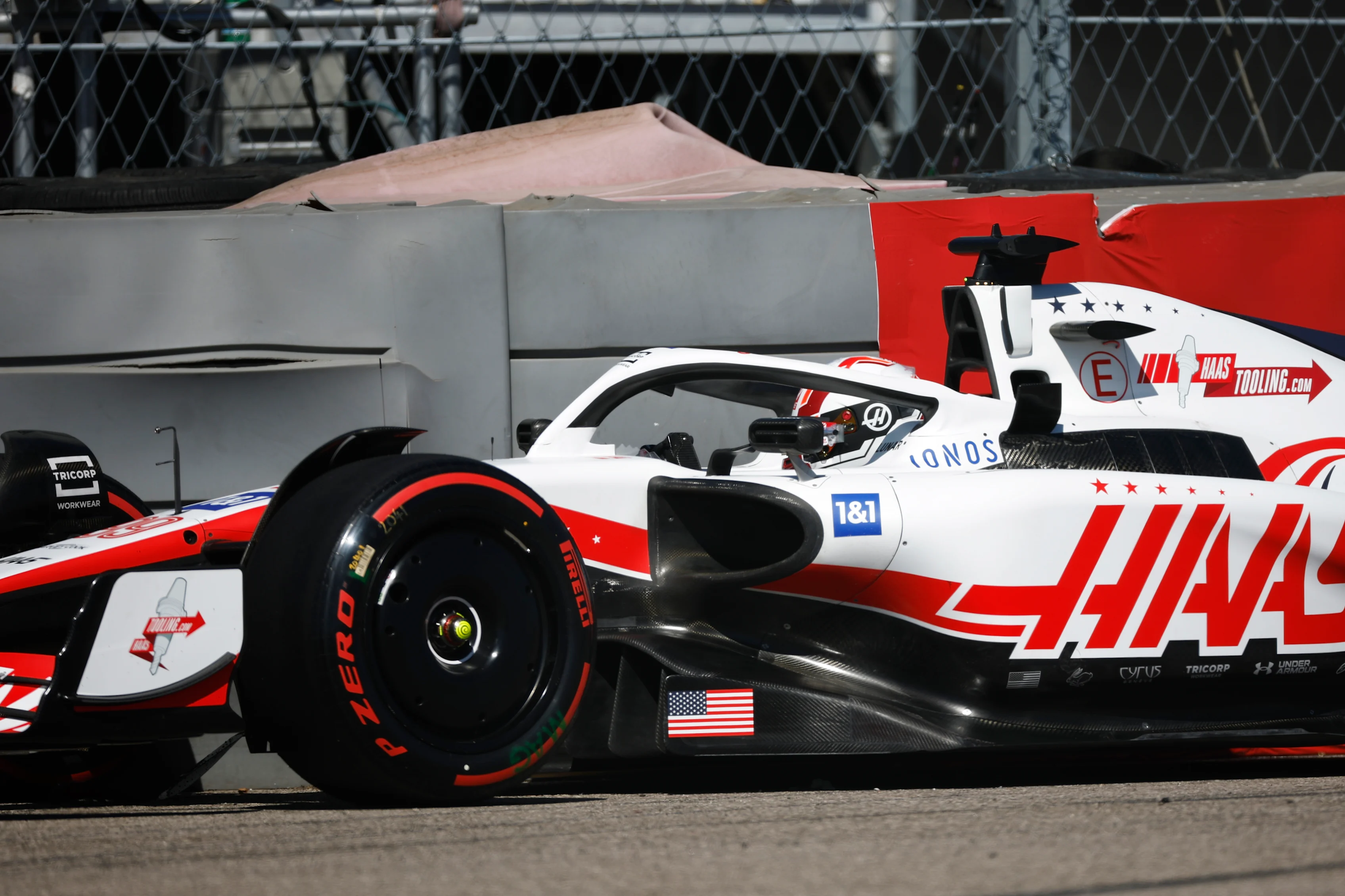 AUSTIN, TEXAS - OCTOBER 21: Antonio Giovinazzi of Italy driving the (99) Haas F1 VF-22 Ferrari crashes during practice ahead of the F1 Grand Prix of USA at Circuit of The Americas on October 21, 2022 in Austin, Texas. (Photo by Jared C. Tilton/Getty Images)