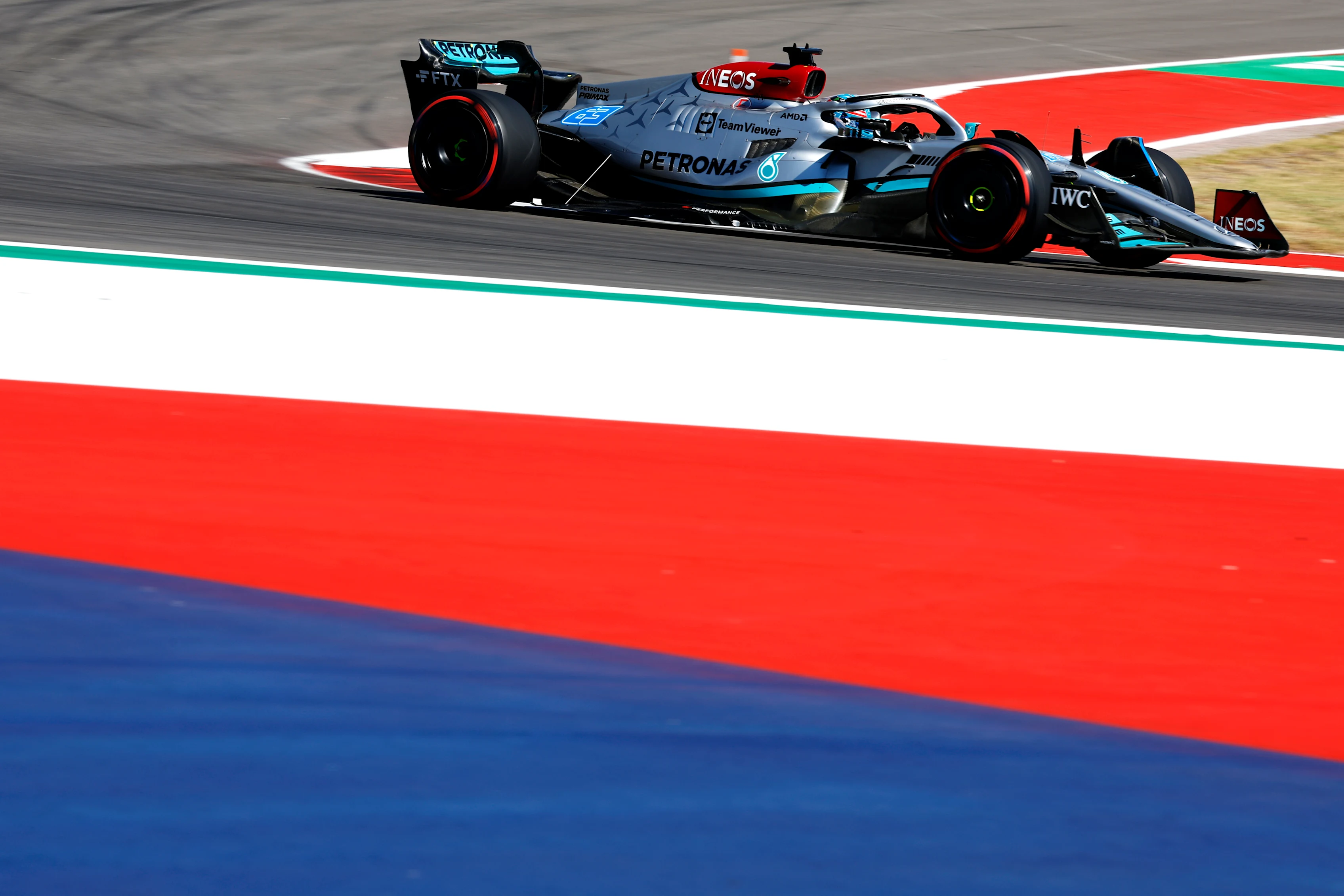 AUSTIN, TEXAS - OCTOBER 22: George Russell of Great Britain driving the (63) Mercedes AMG Petronas F1 Team W13 on track during final practice ahead of the F1 Grand Prix of USA at Circuit of The Americas on October 22, 2022 in Austin, Texas. (Photo by Chris Graythen/Getty Images)