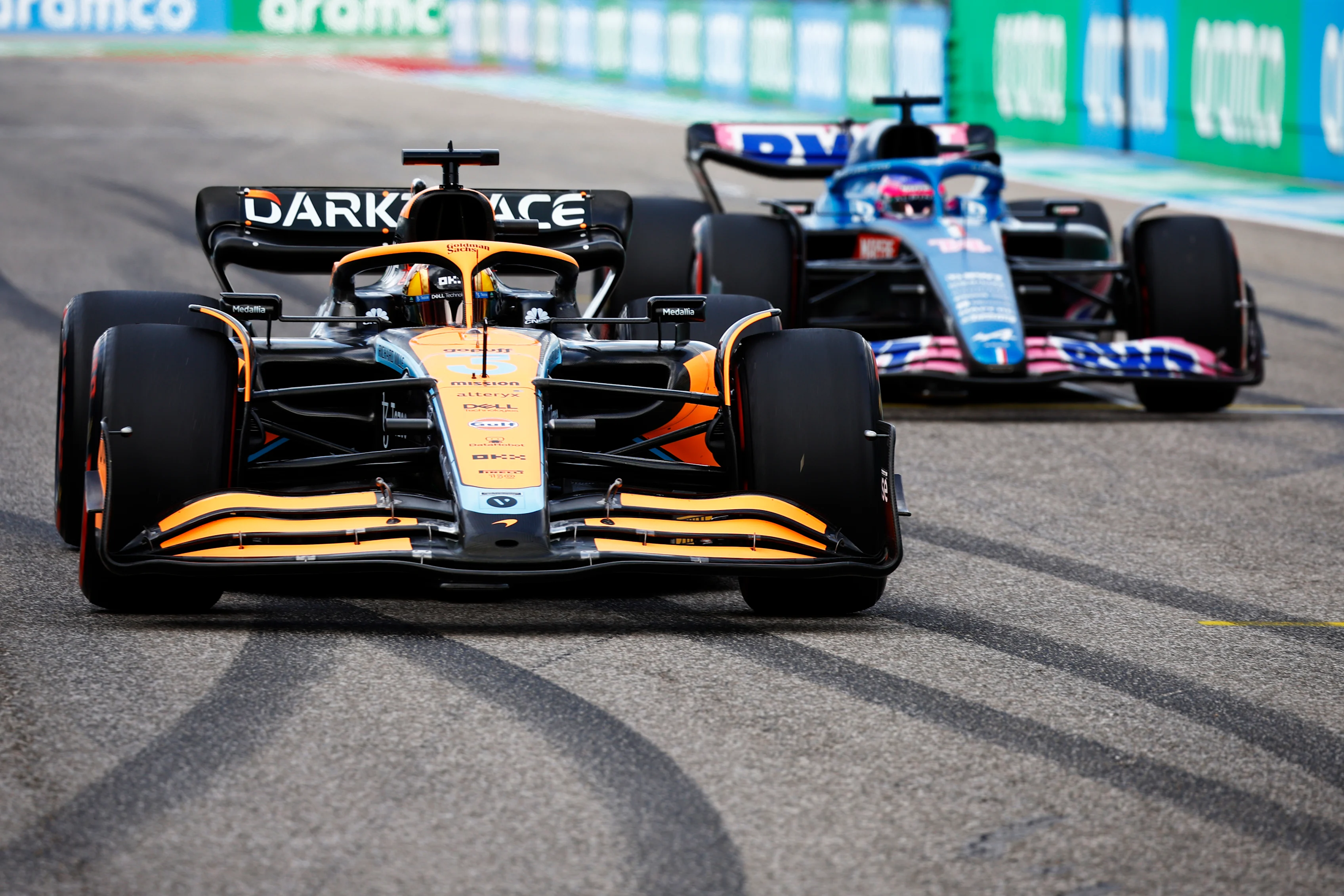 AUSTIN, TEXAS - OCTOBER 23: Daniel Ricciardo of Australia and McLaren and Fernando Alonso of Spain