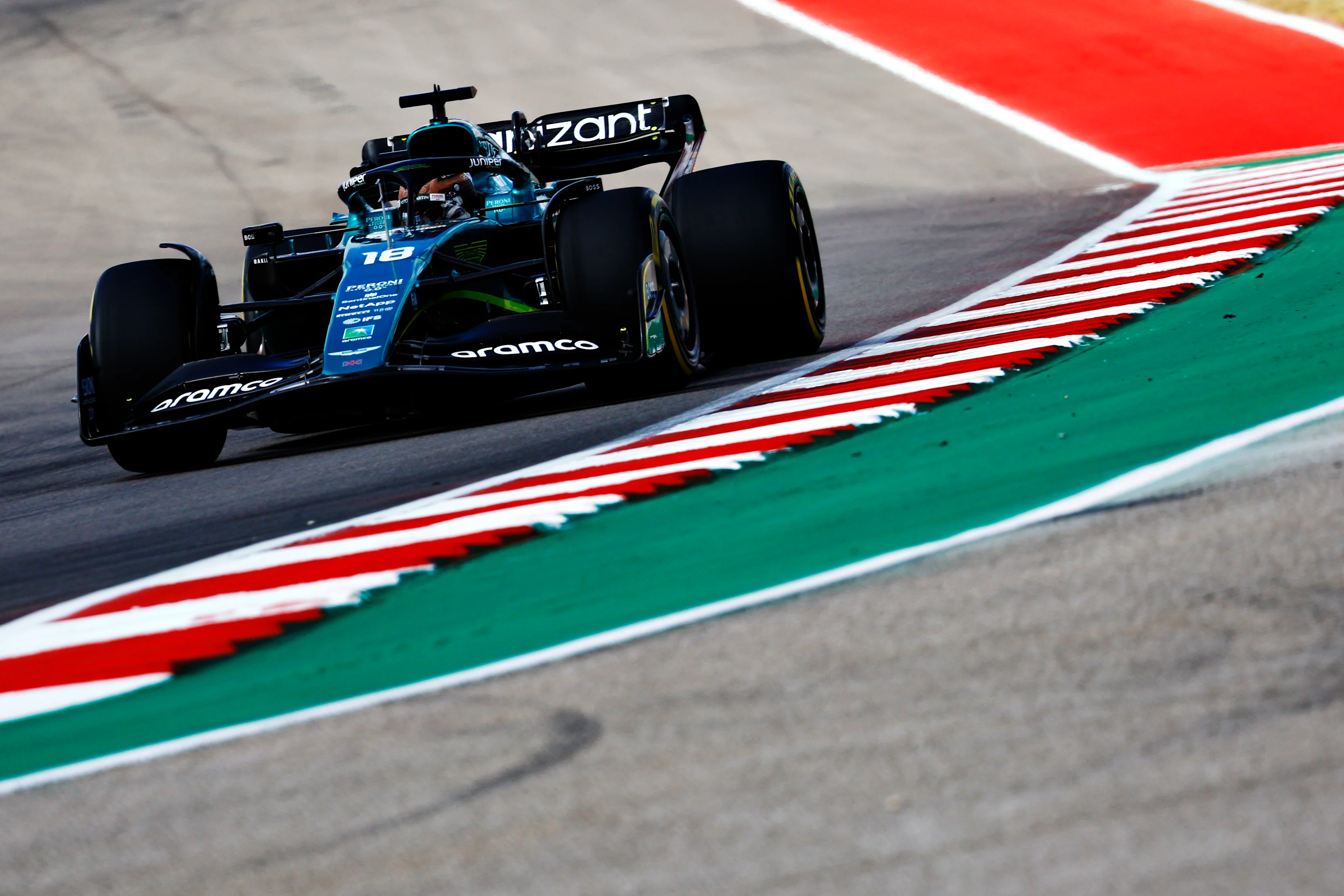 AUSTIN, TEXAS - OCTOBER 23: Lance Stroll of Canada driving the (18) Aston Martin AMR22 Mercedes on