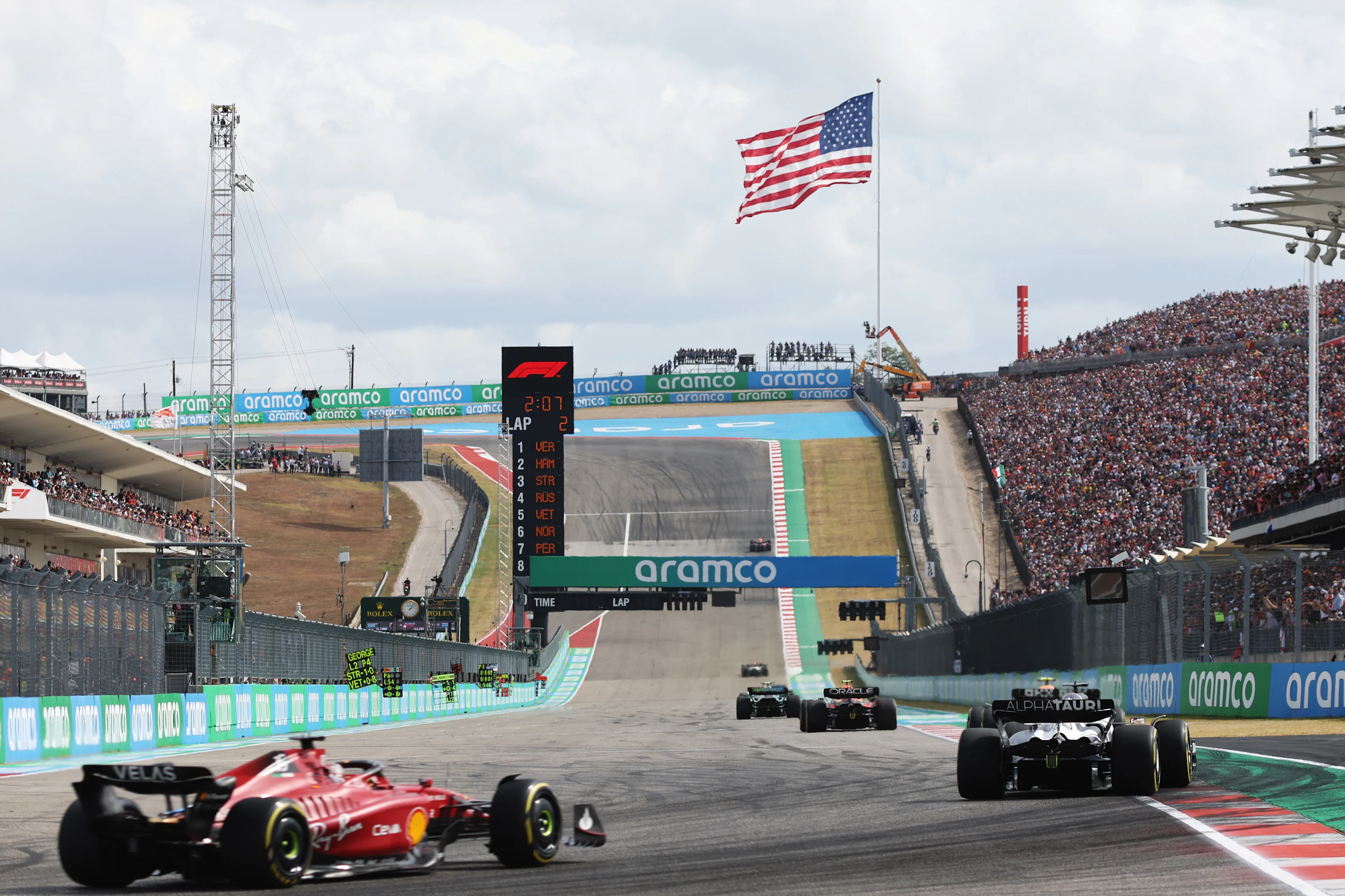 AUSTIN, TEXAS - OCTOBER 23: Charles Leclerc of Monaco driving (16) the Ferrari F1-75 follows a line