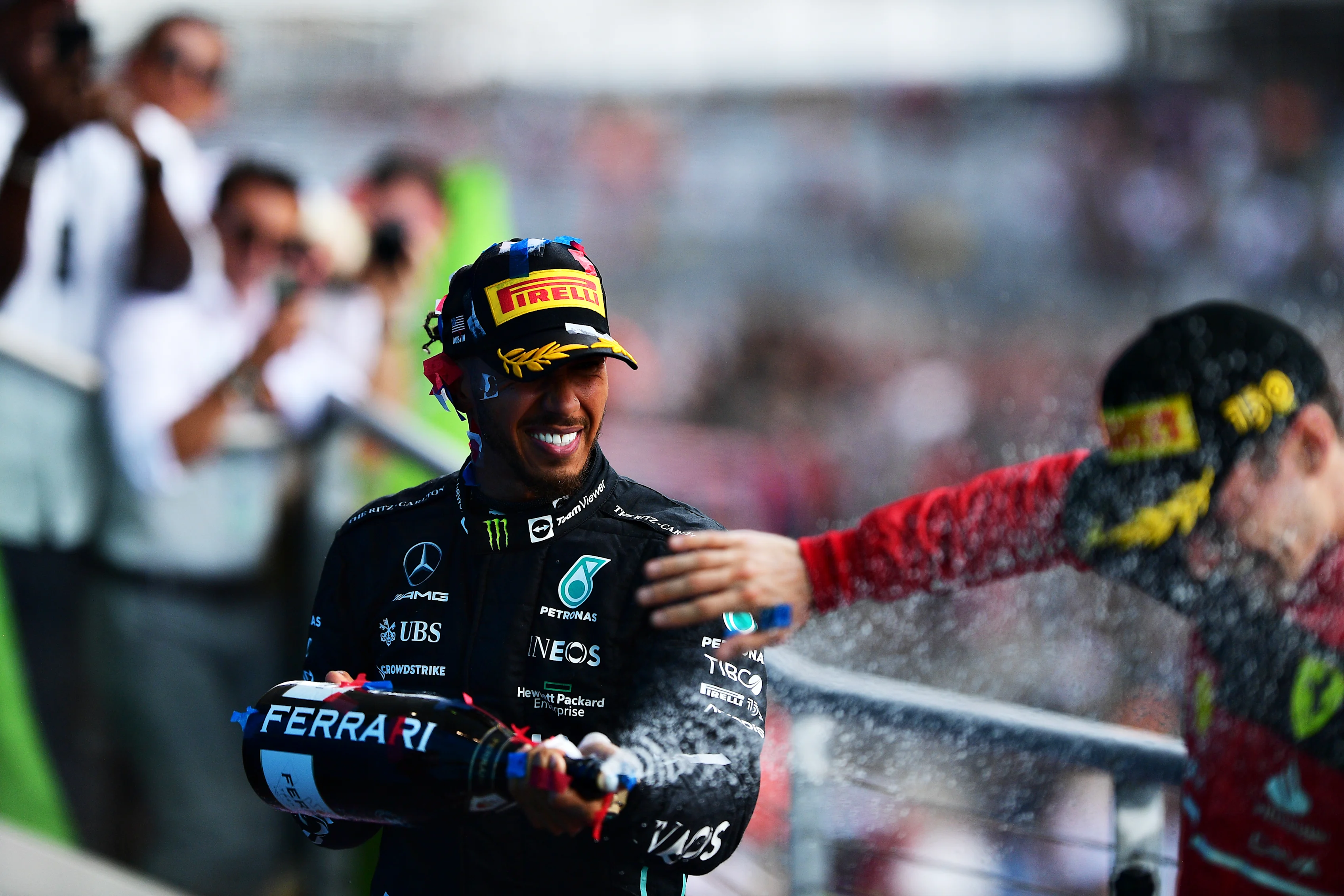 AUSTIN, TEXAS - OCTOBER 23: Second placed Lewis Hamilton of Great Britain and Mercedes celebrates